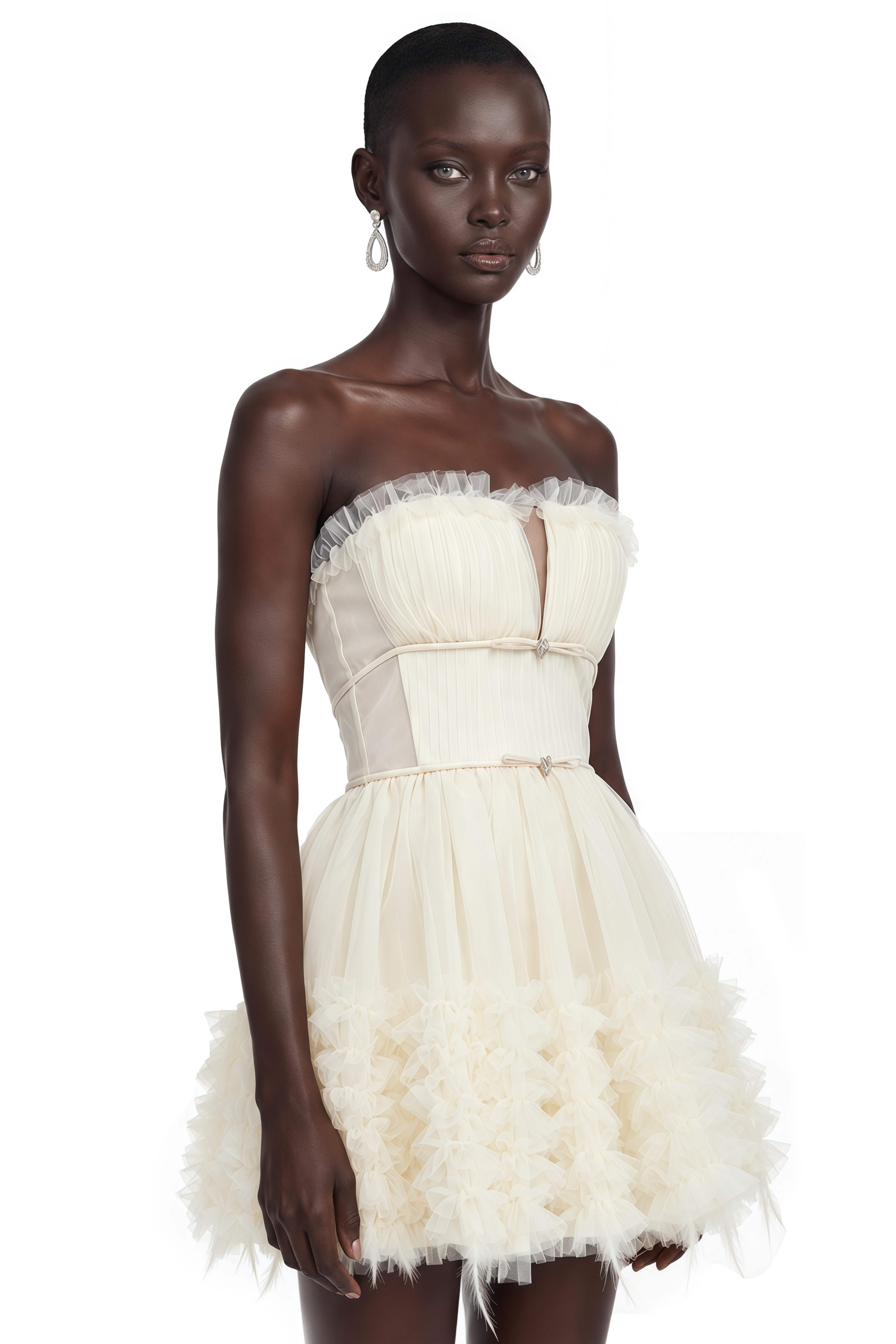 Ottoline Neutral Feather Trim Strapless Mini Dress