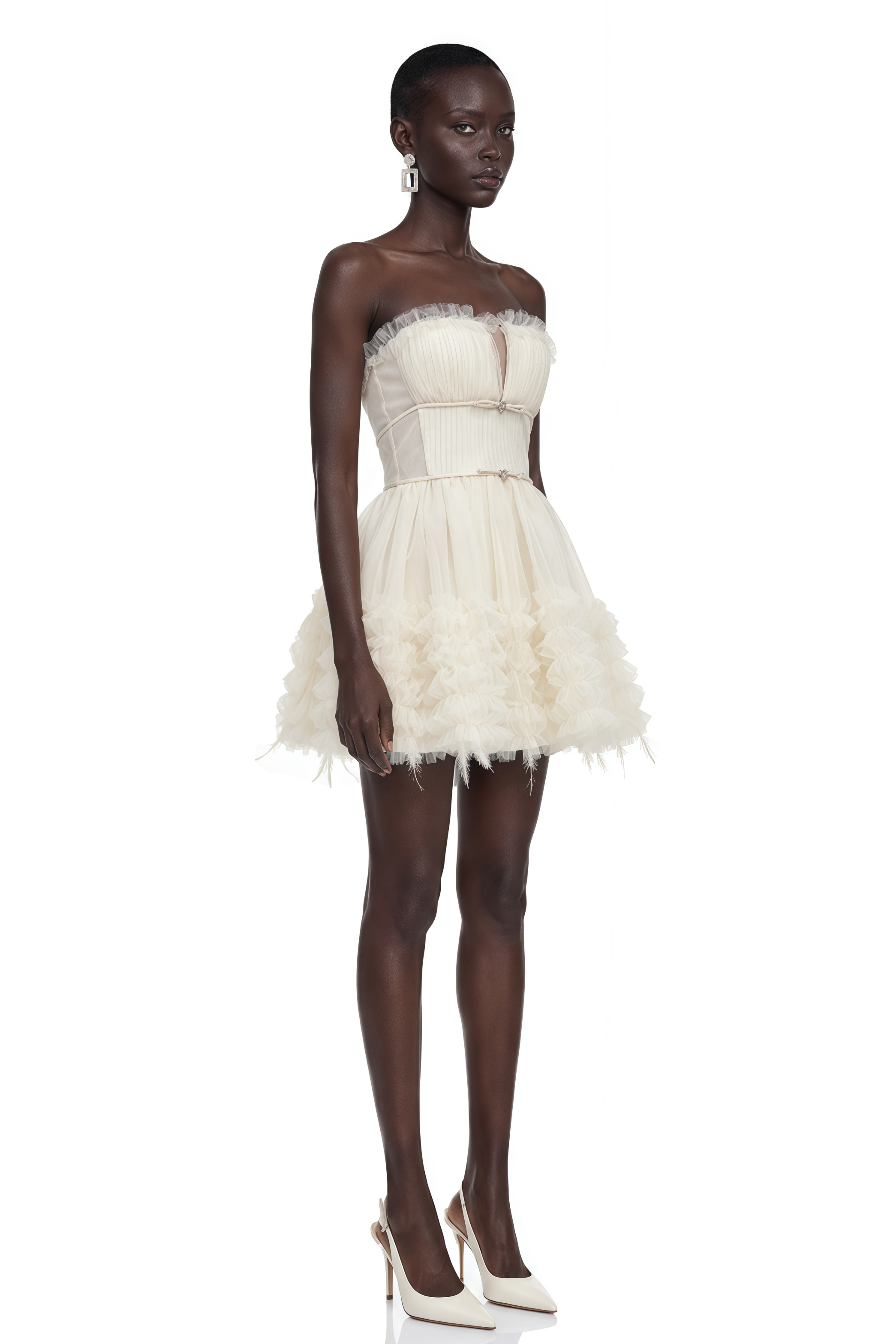 Ottoline Neutral Feather Trim Strapless Mini Dress