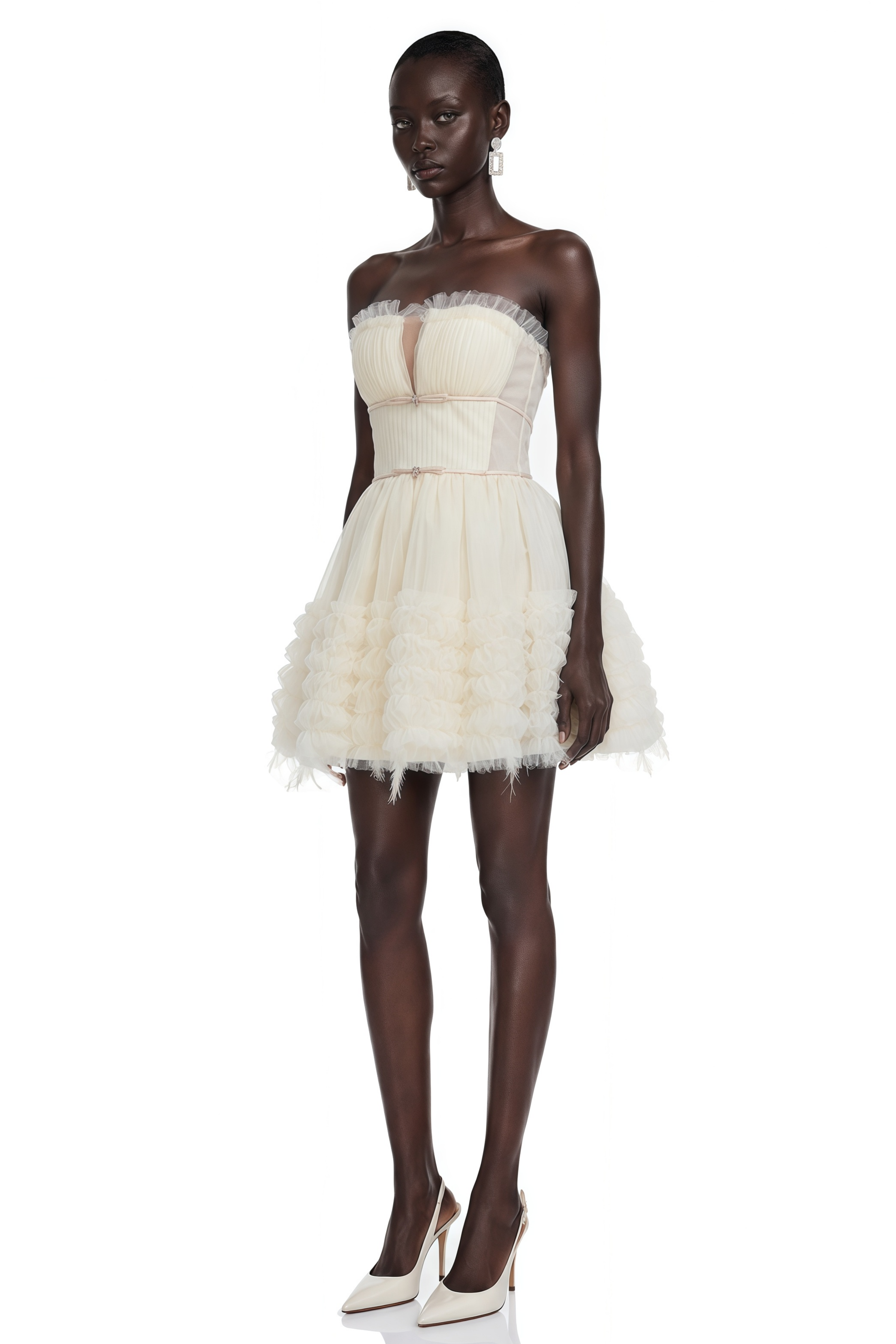 Ottoline Neutral Feather Trim Strapless Mini Dress