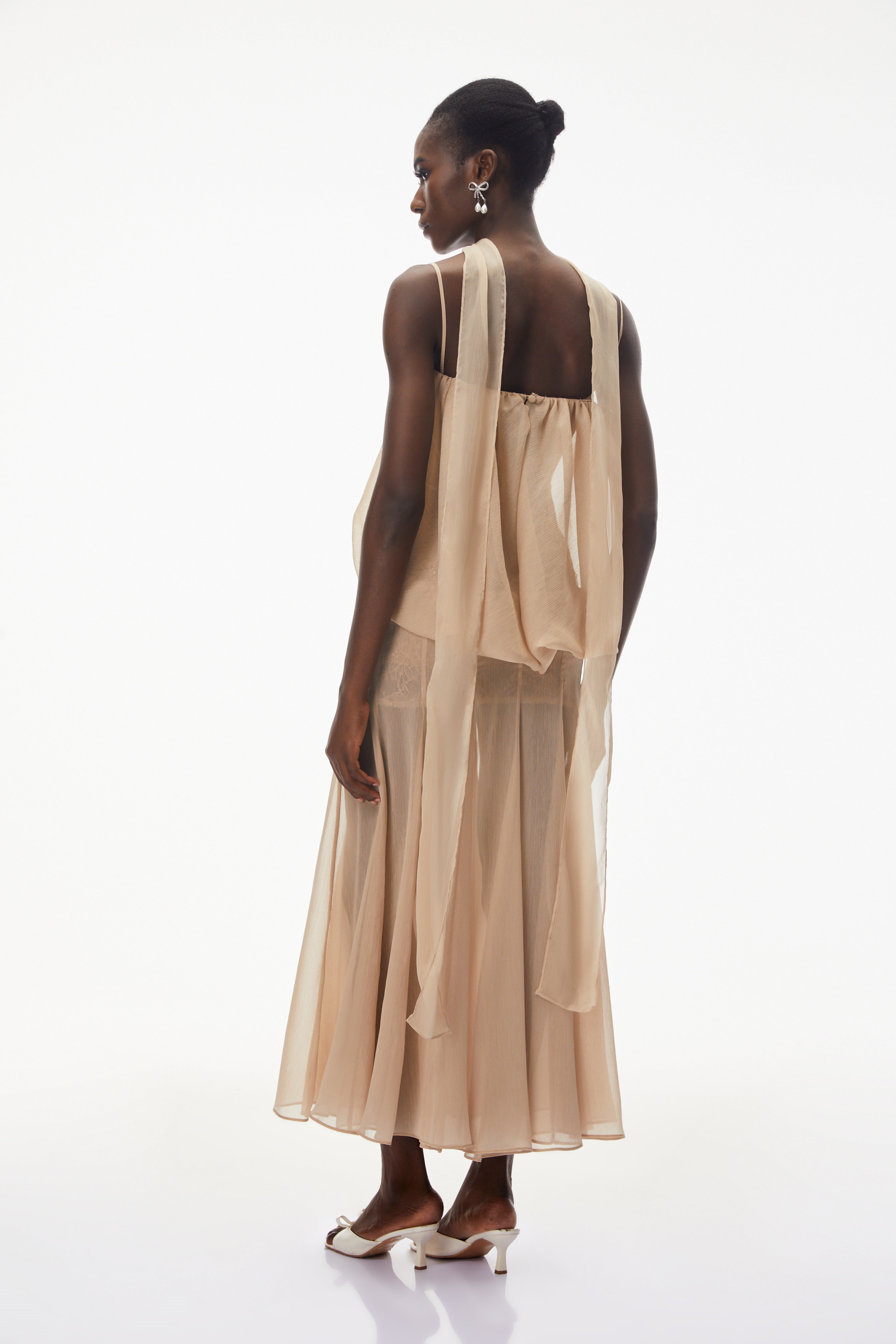Champagne Mesh Draped Maxi Dress