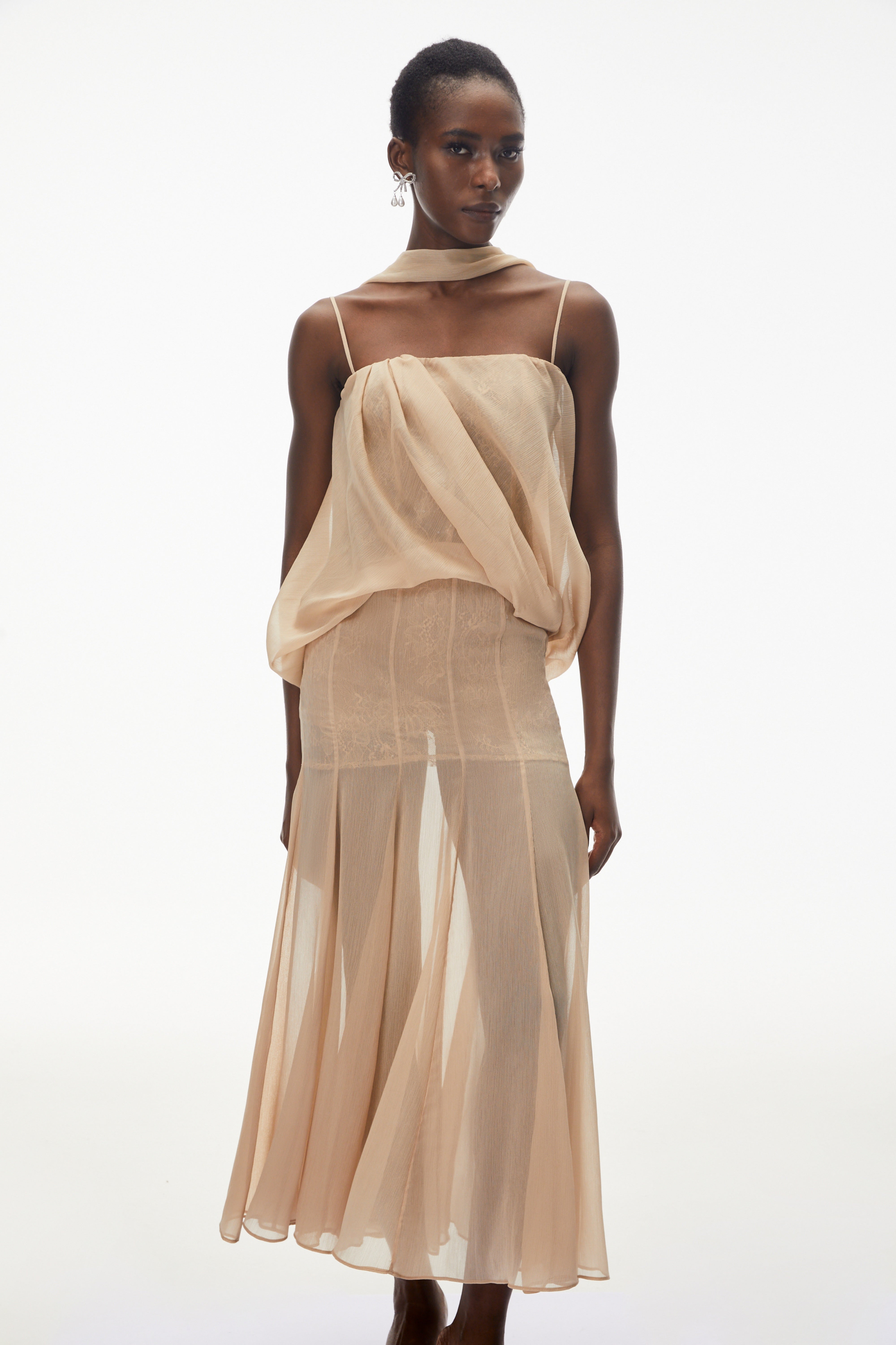 Champagne Mesh Draped Maxi Dress