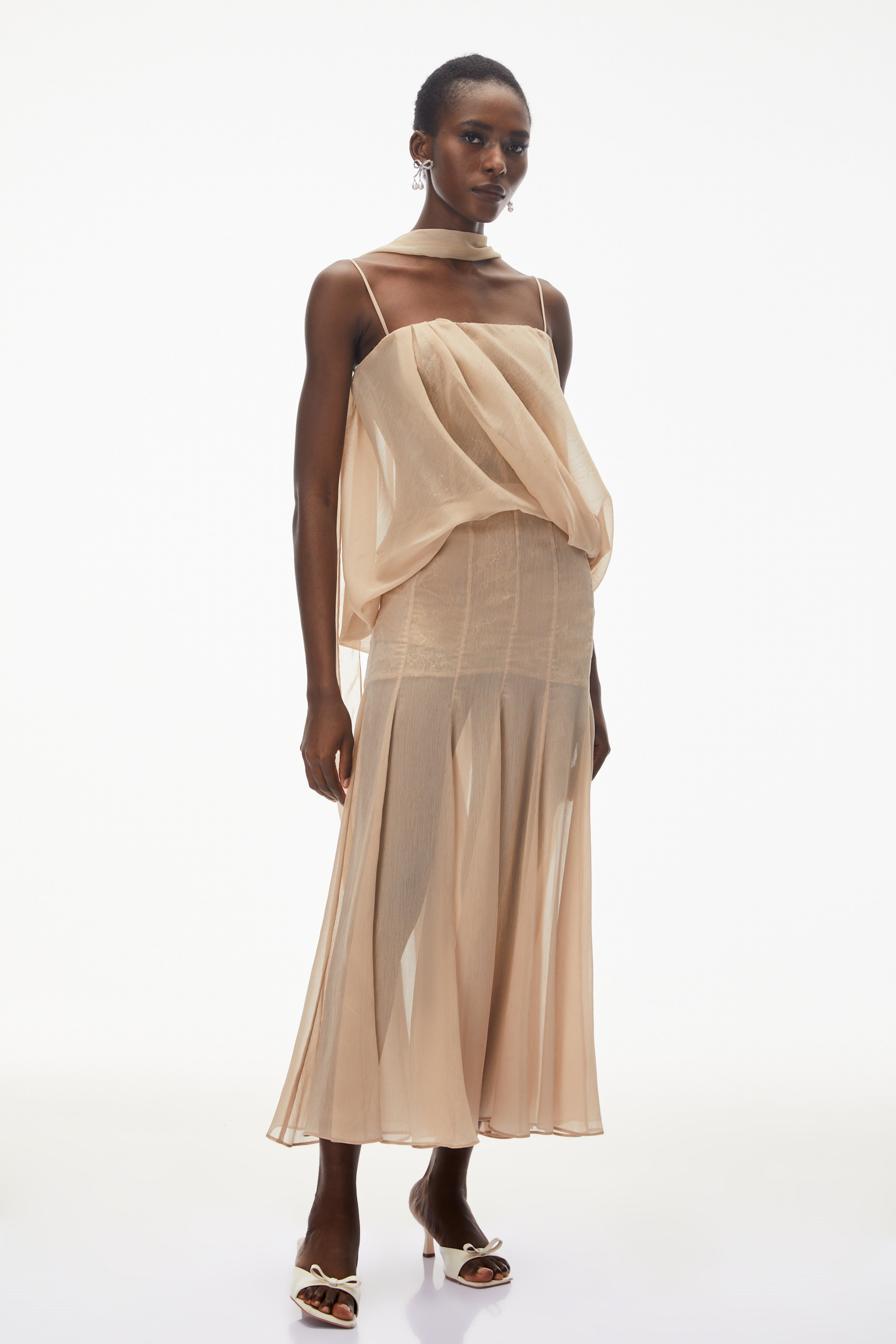 Champagne Mesh Draped Maxi Dress