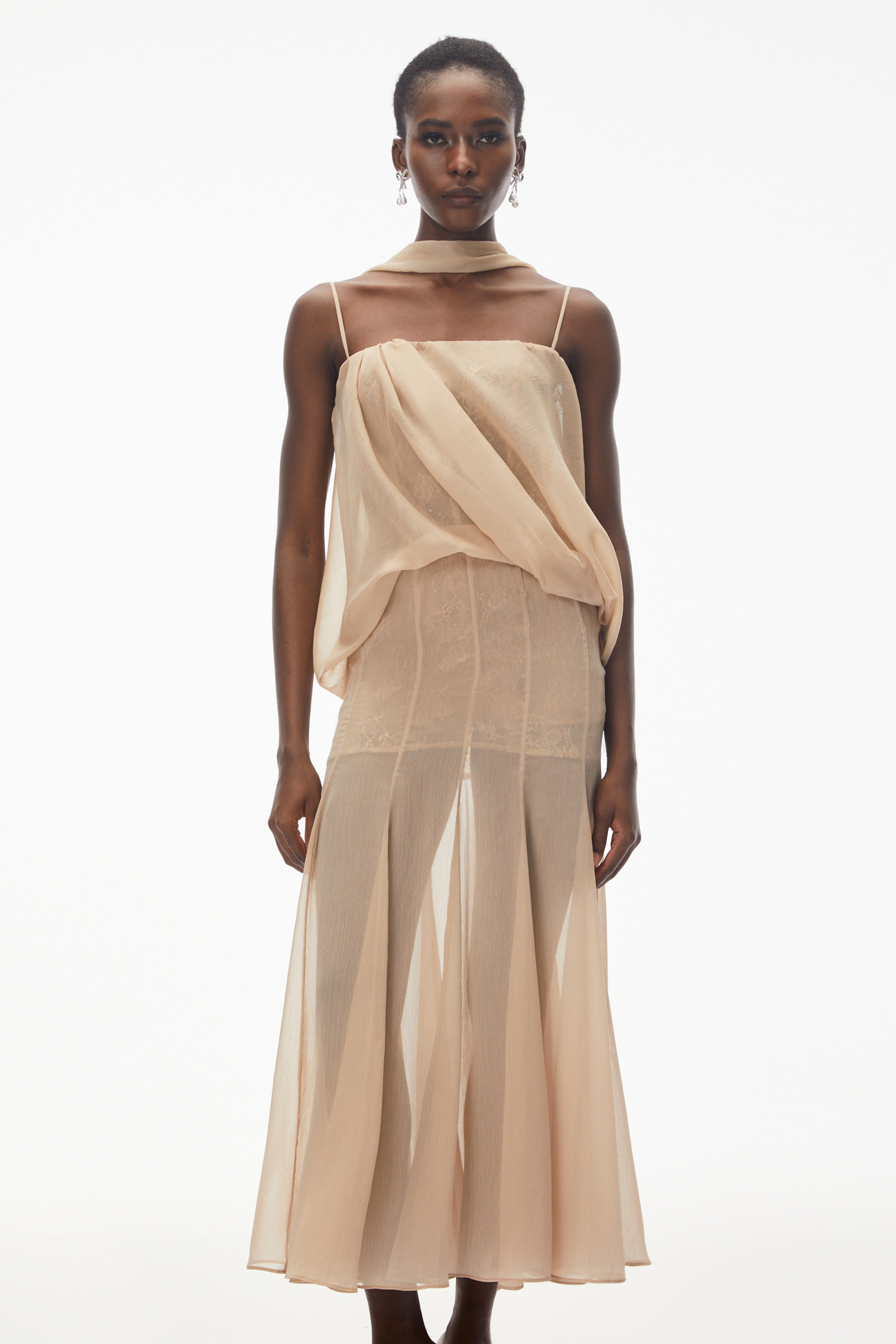 Champagne Mesh Draped Maxi Dress