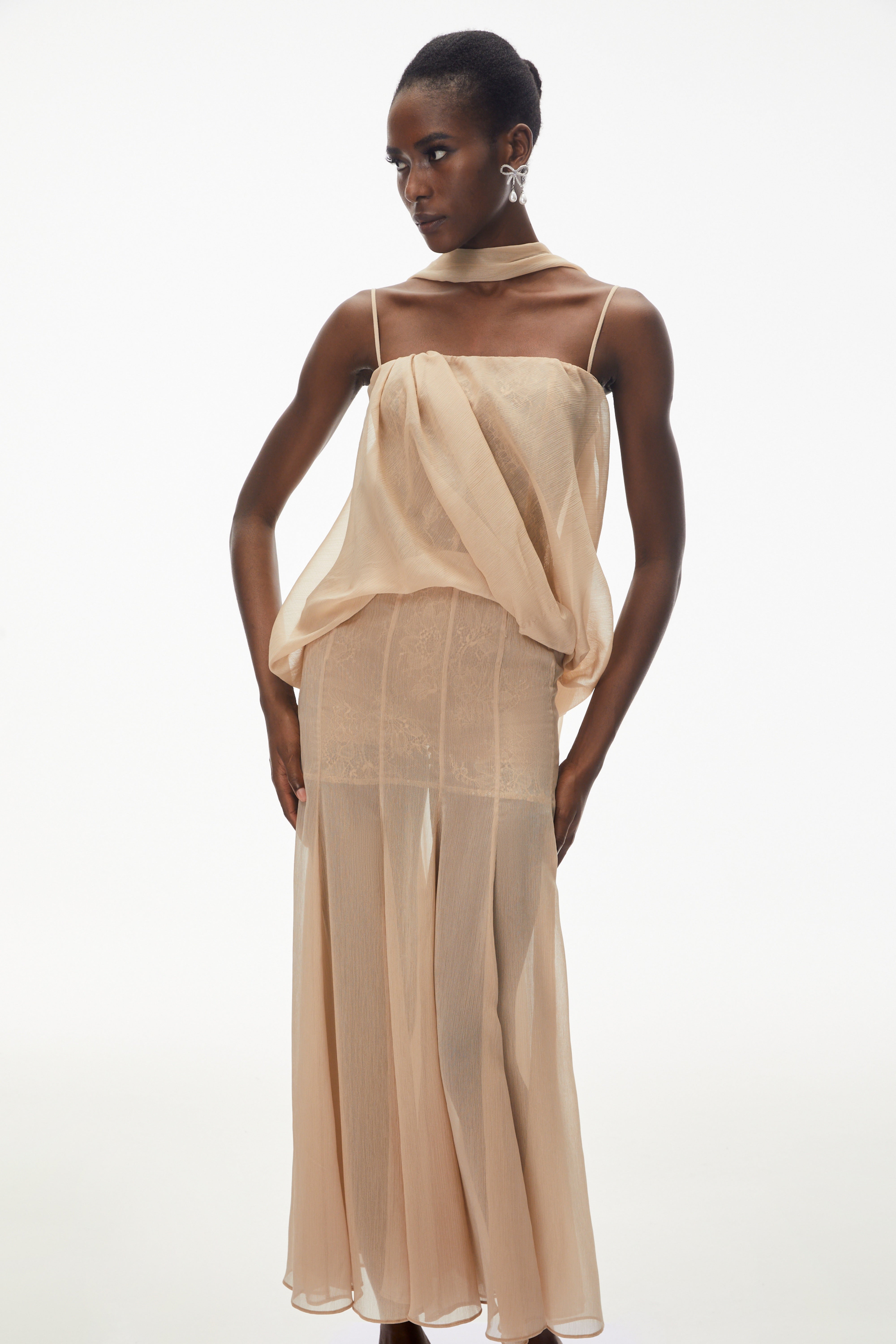 Champagne Mesh Draped Maxi Dress
