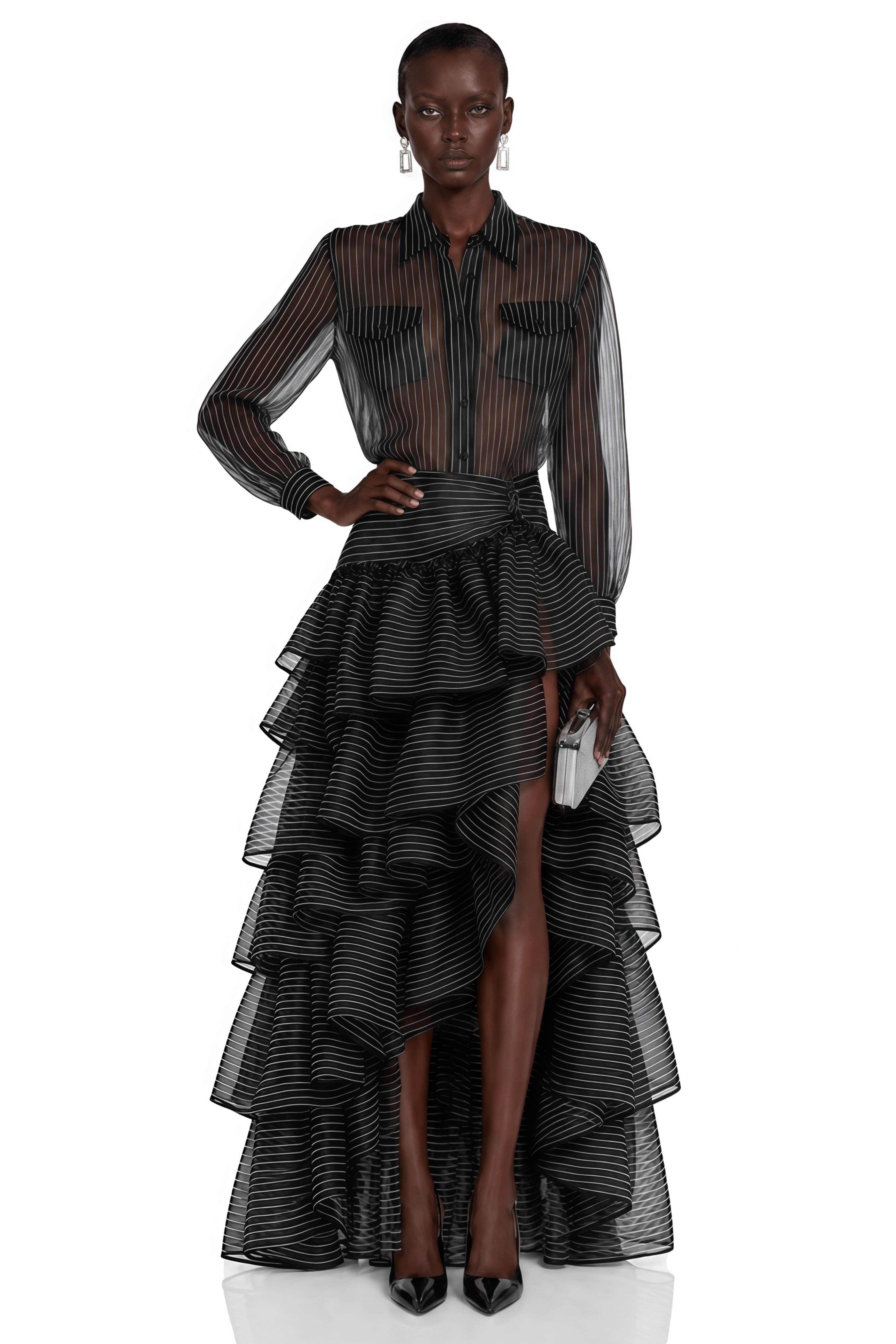 Black striped sheer maxi dress with a long-sleeve button-up top and a tiered ruffled skirt