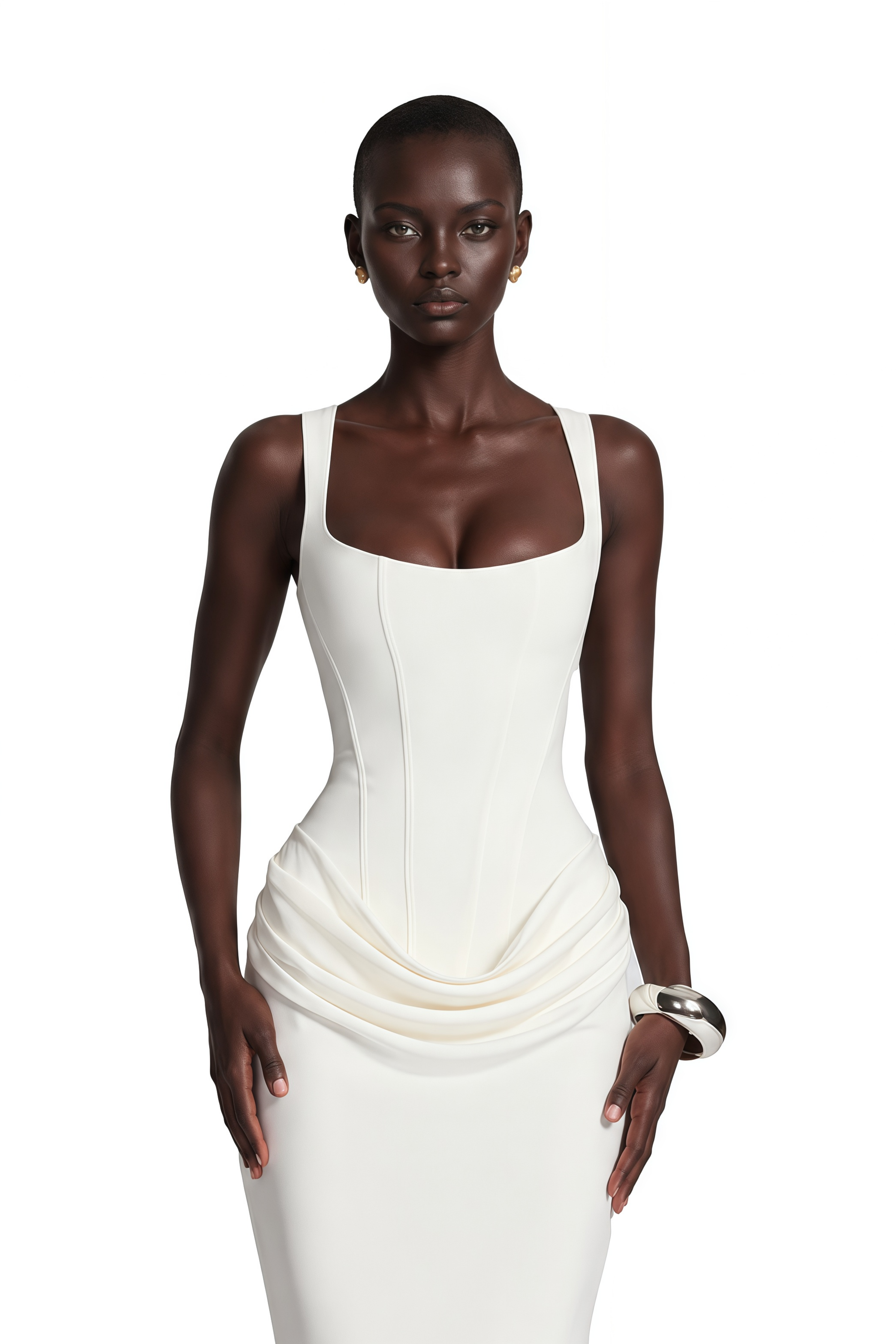 White gown with a corset bodice and a draped waist