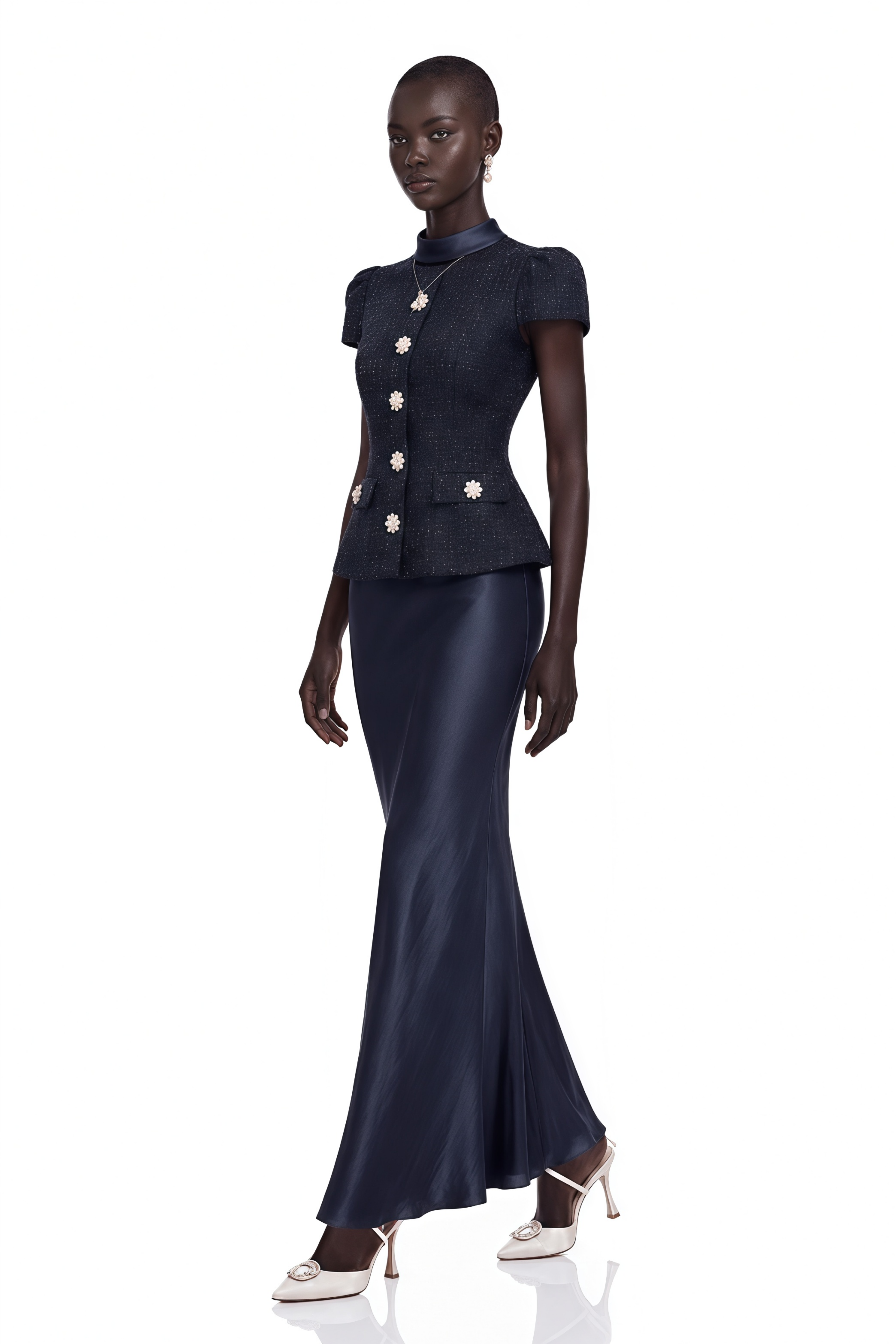 Navy blue short-sleeve maxi dress with a peplum jacket bodice and satin skirt