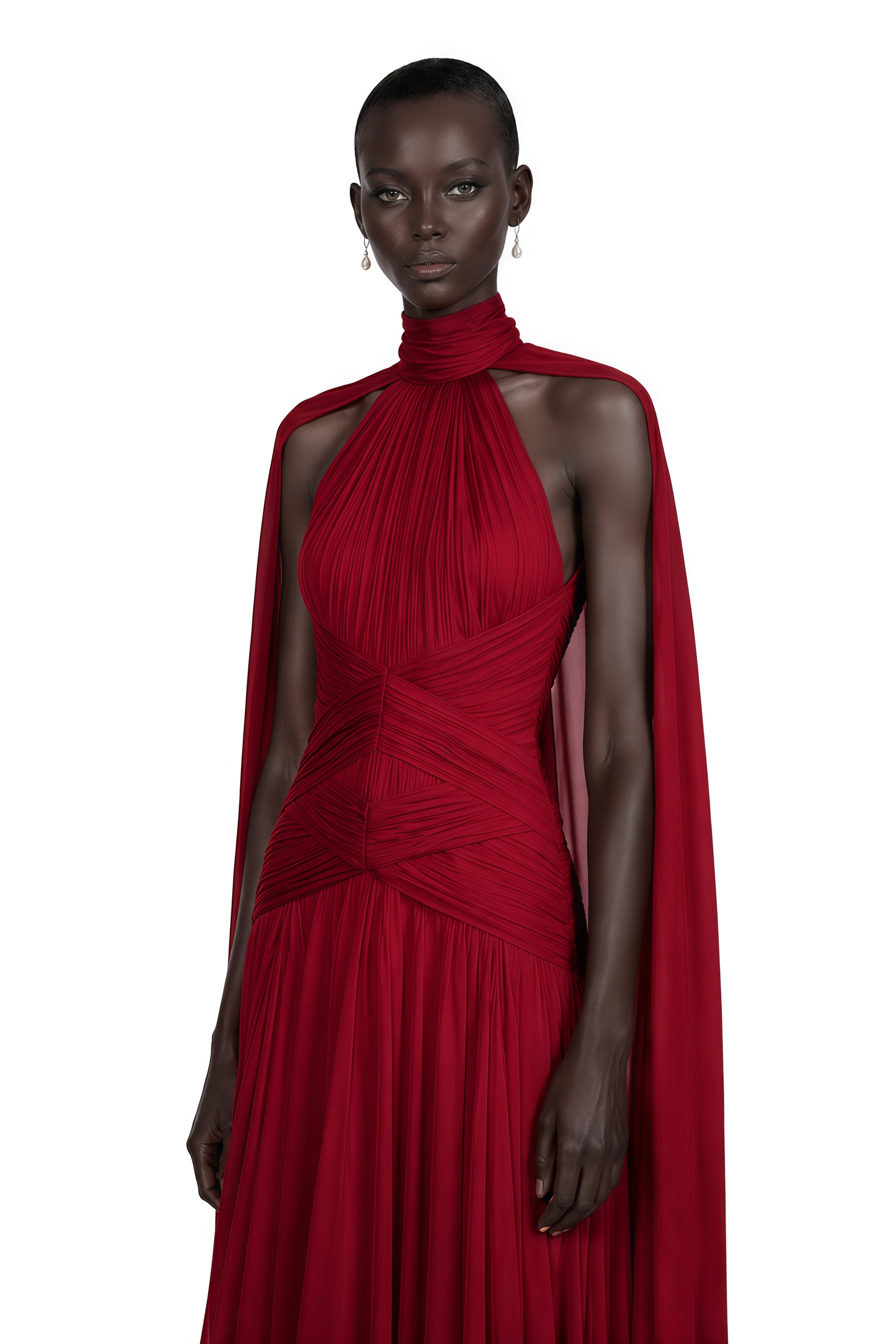 Deep red high-neck halter gown with floor-length cape sleeves