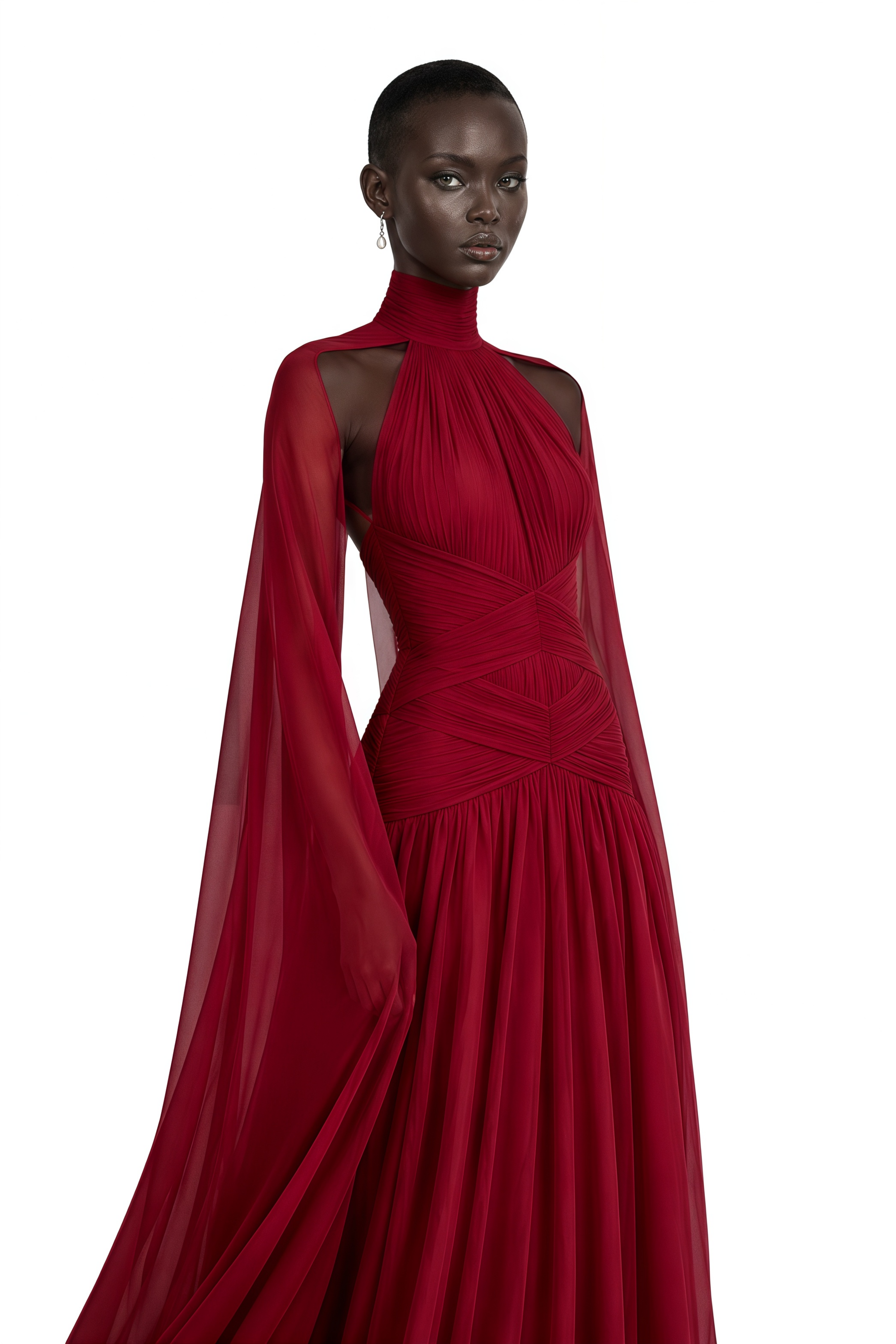 Deep red high-neck halter gown with floor-length cape sleeves