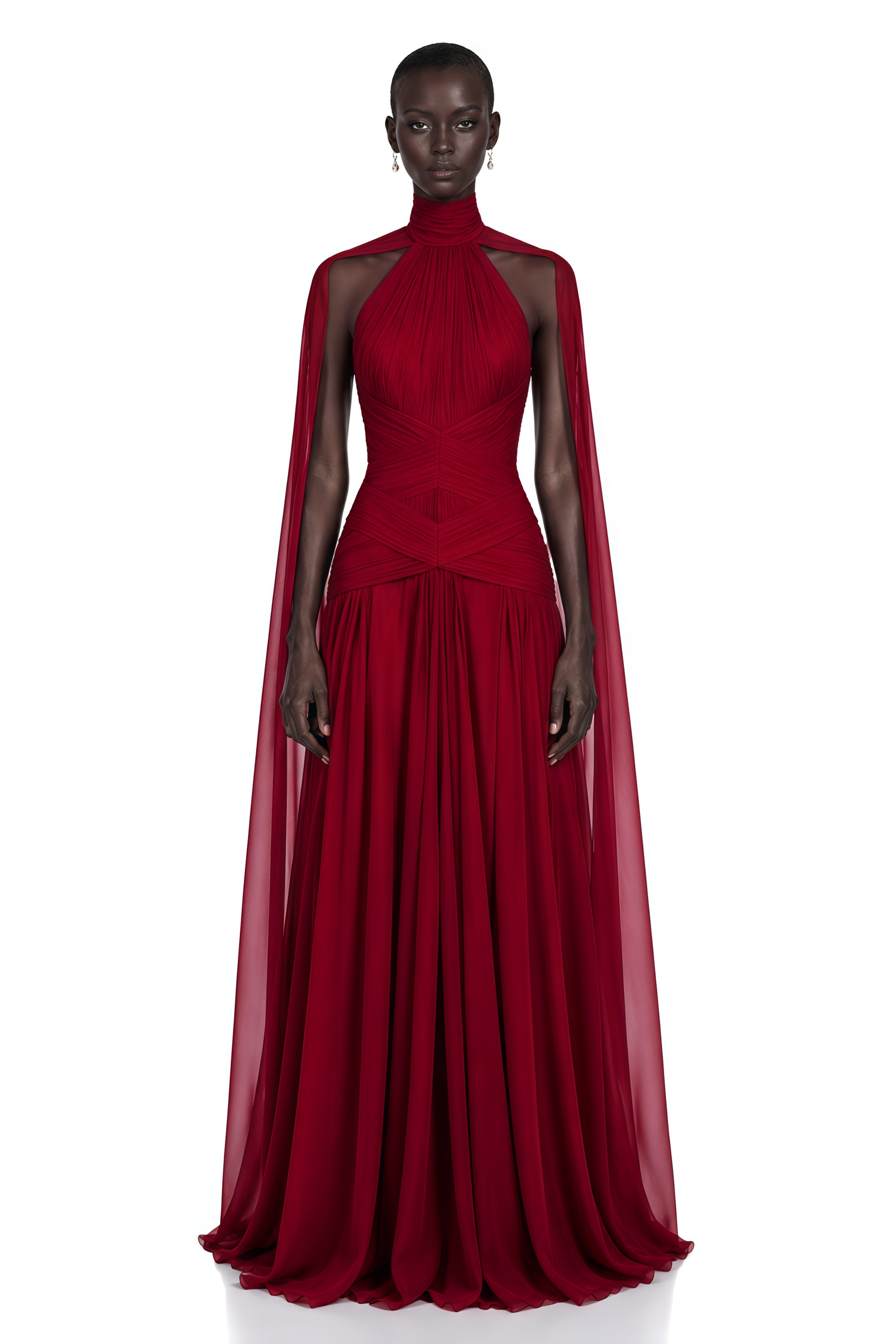 Deep red high-neck halter gown with floor-length cape sleeves