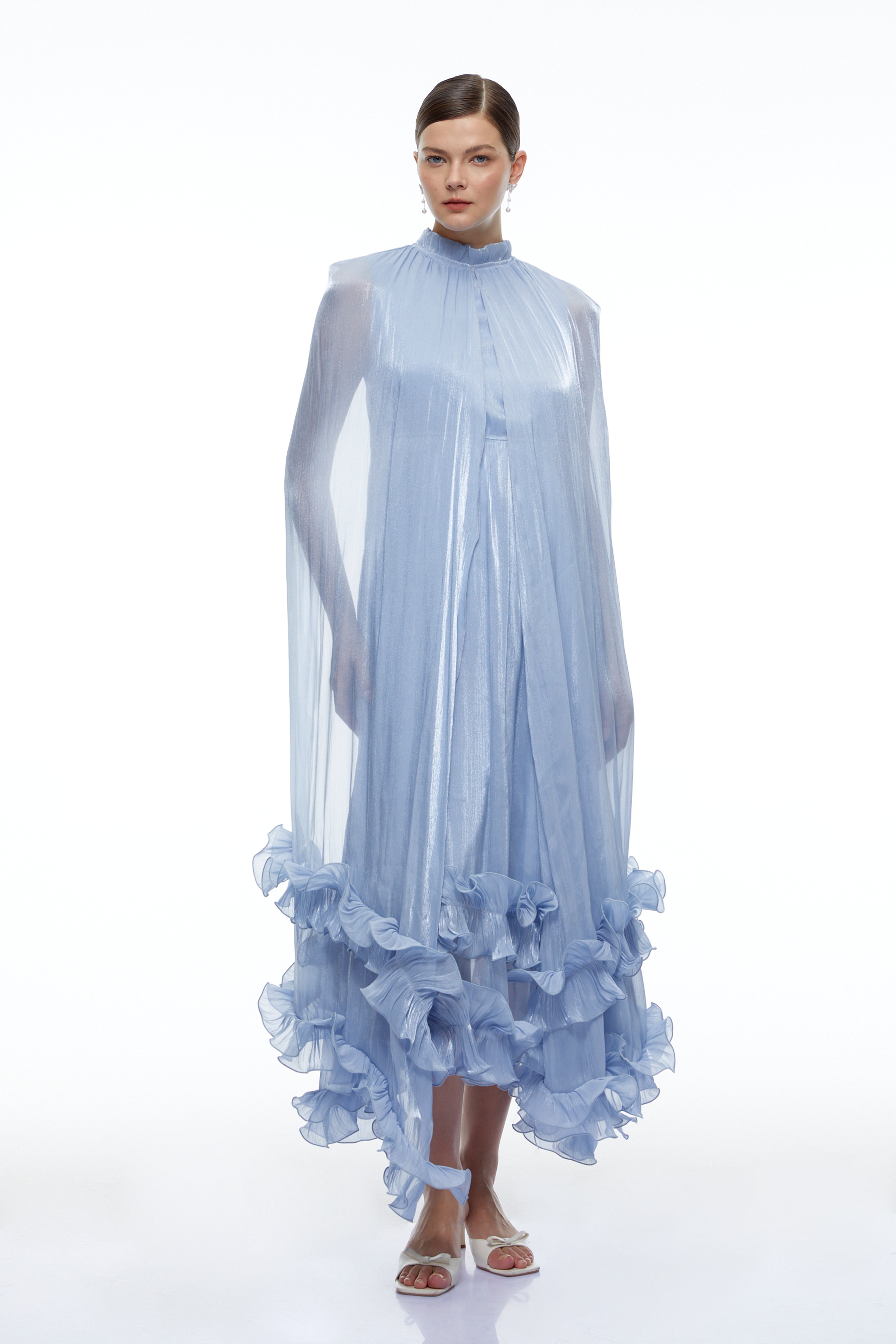Paige Blue Pleated Maxi Dress with Sheer Cape