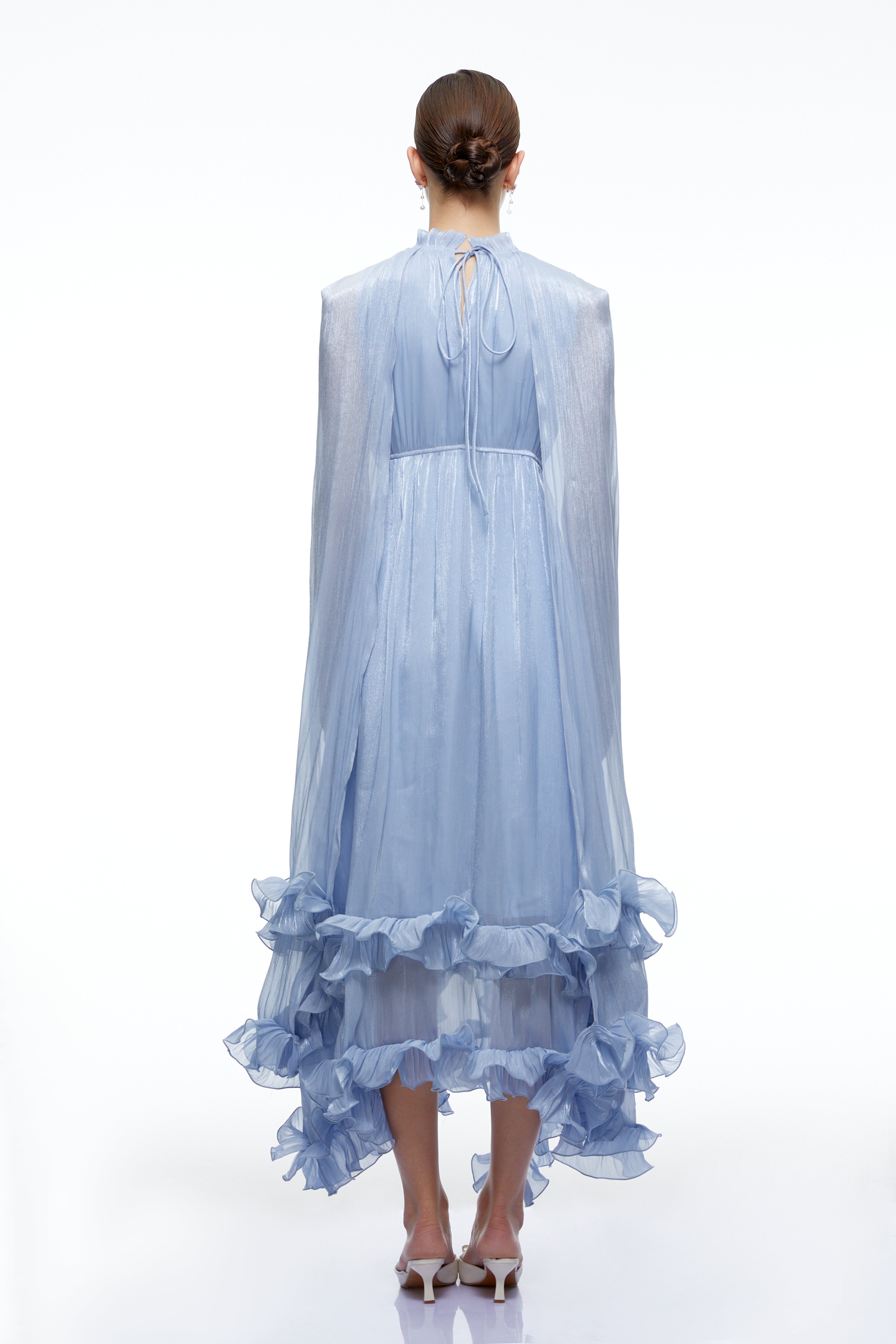 Paige Blue Pleated Maxi Dress with Sheer Cape