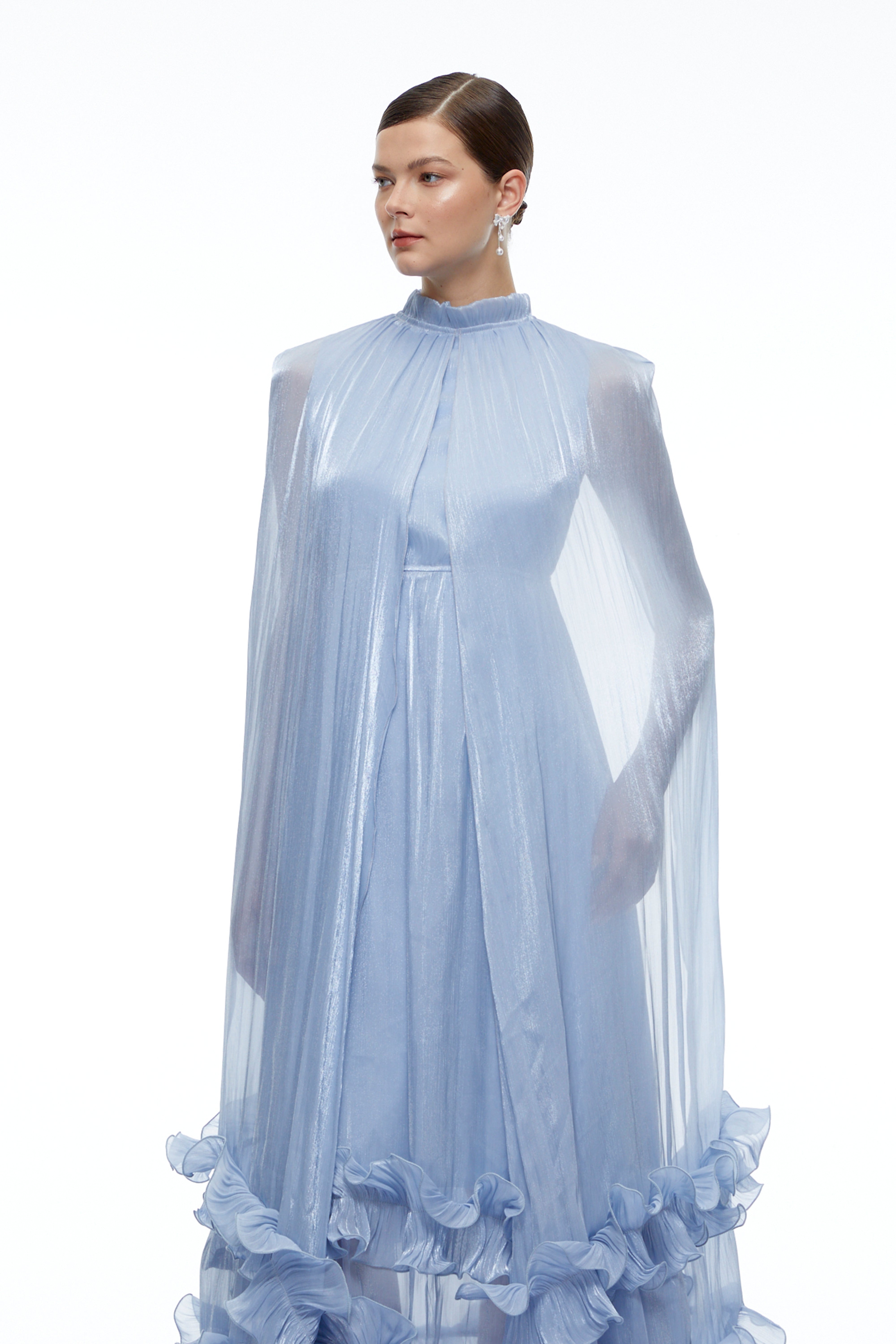 Paige Blue Pleated Maxi Dress with Sheer Cape