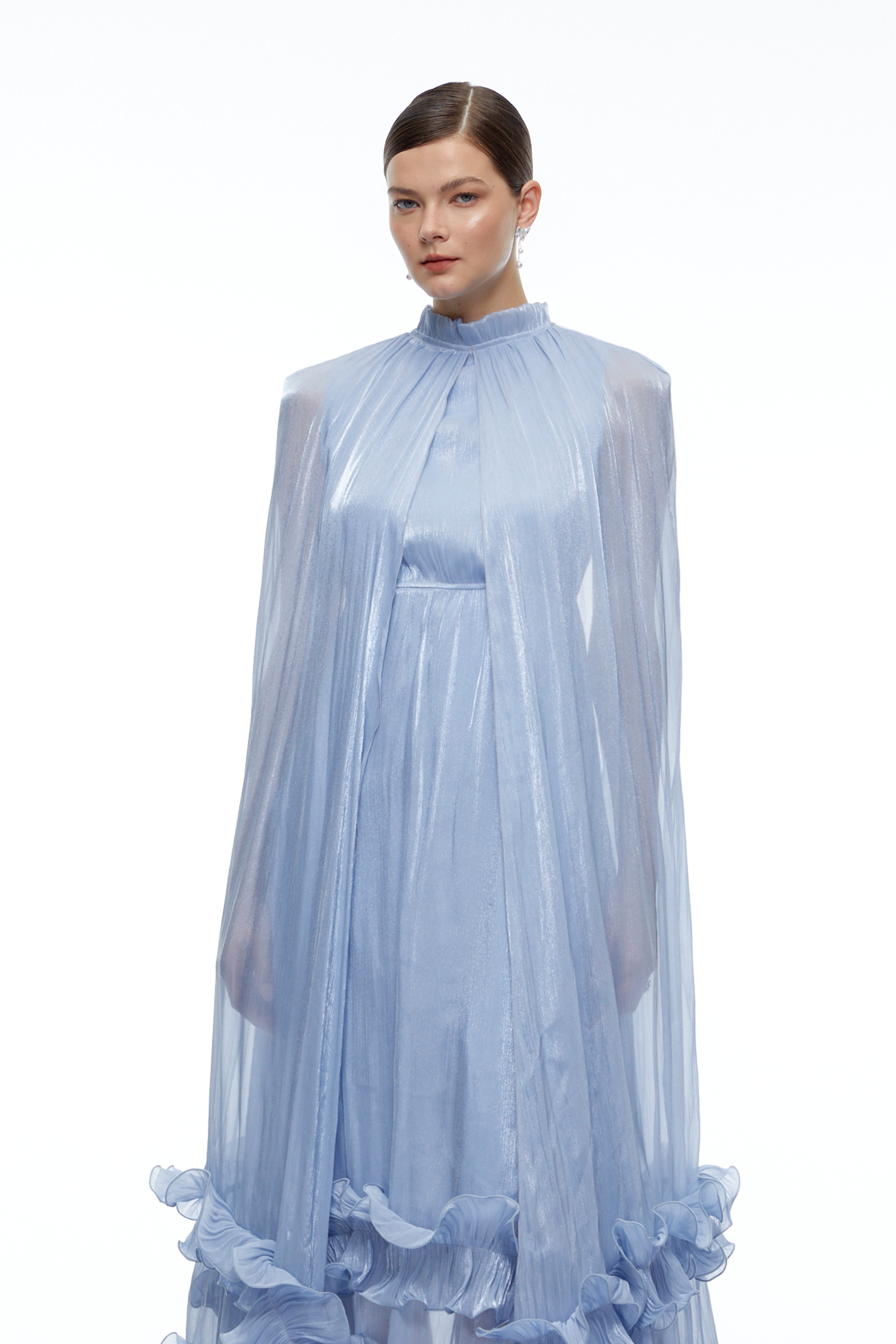 Paige Blue Pleated Maxi Dress with Sheer Cape