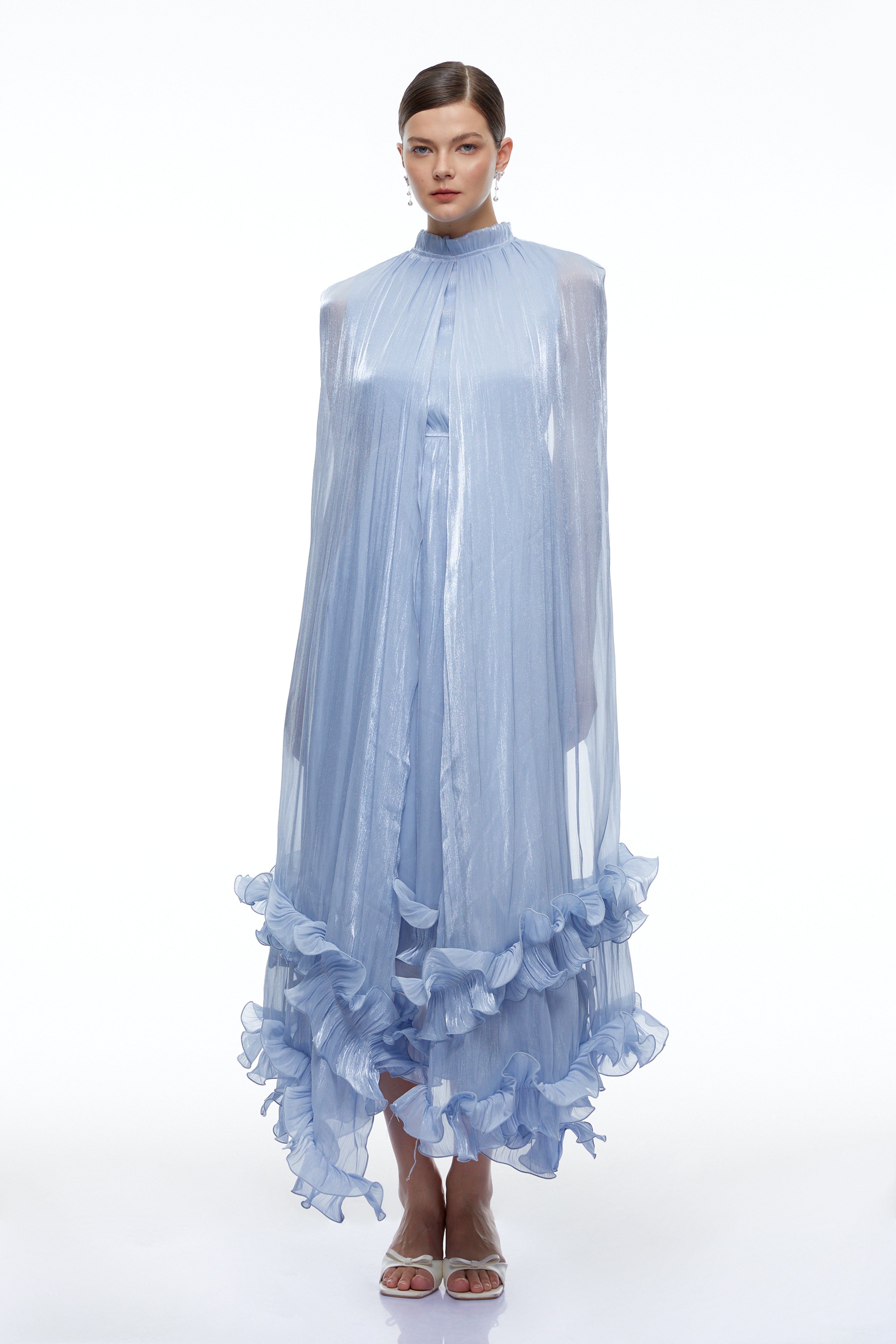 Paige Blue Pleated Maxi Dress with Sheer Cape
