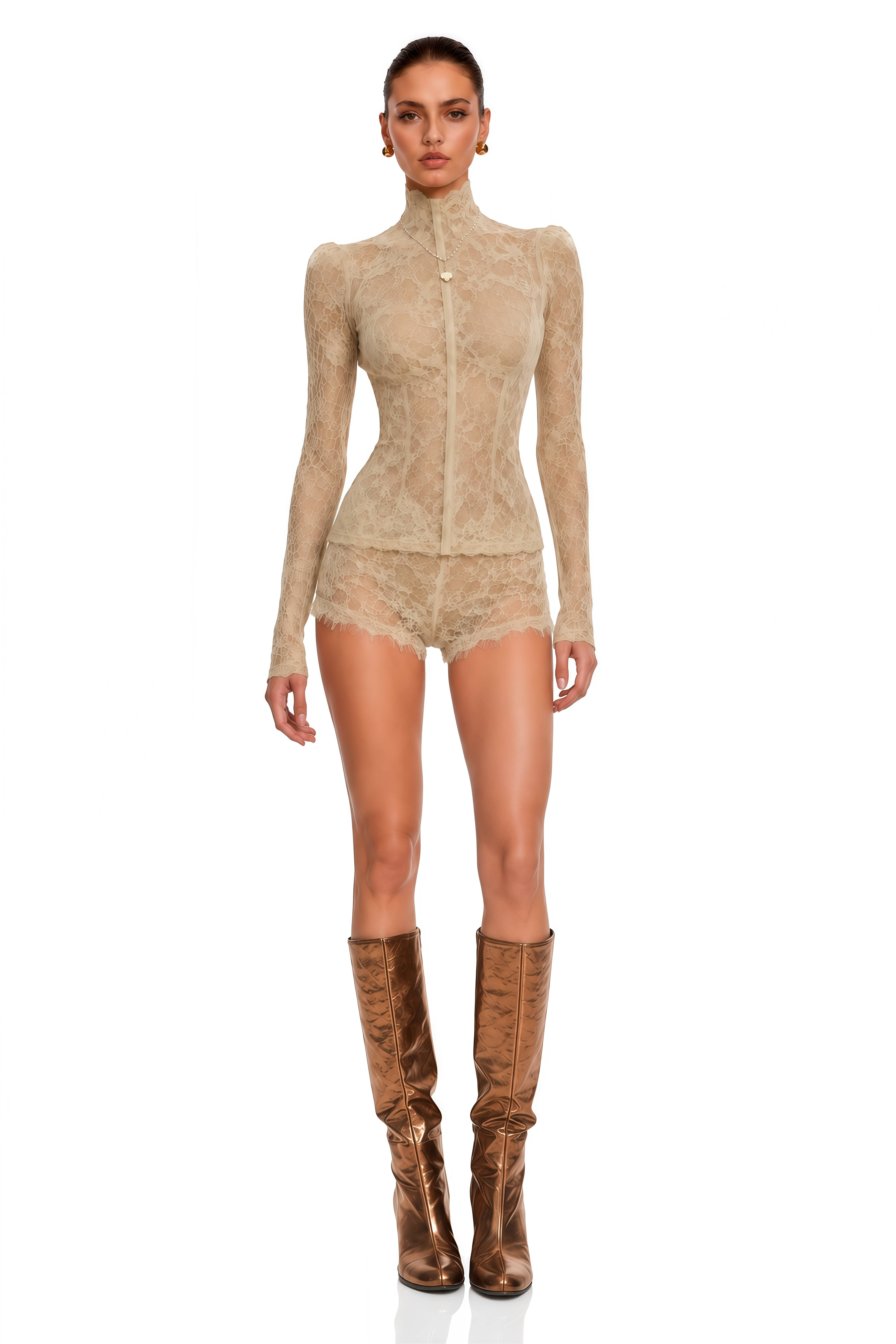 Paislee Neutral Lace High Neck Long Sleeve Jacket & Shorts Set