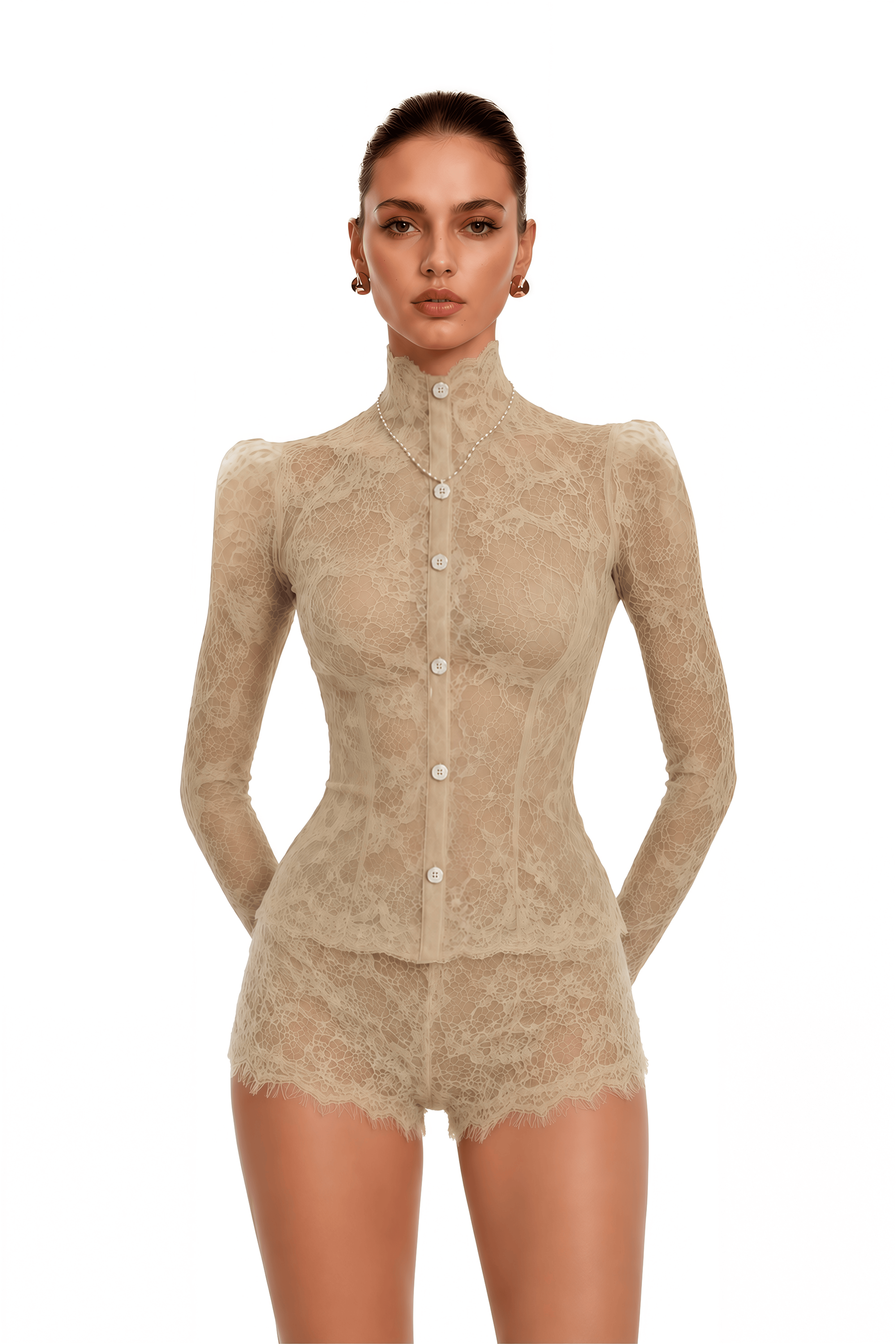 Paislee Neutral Lace High Neck Long Sleeve Jacket & Shorts Set