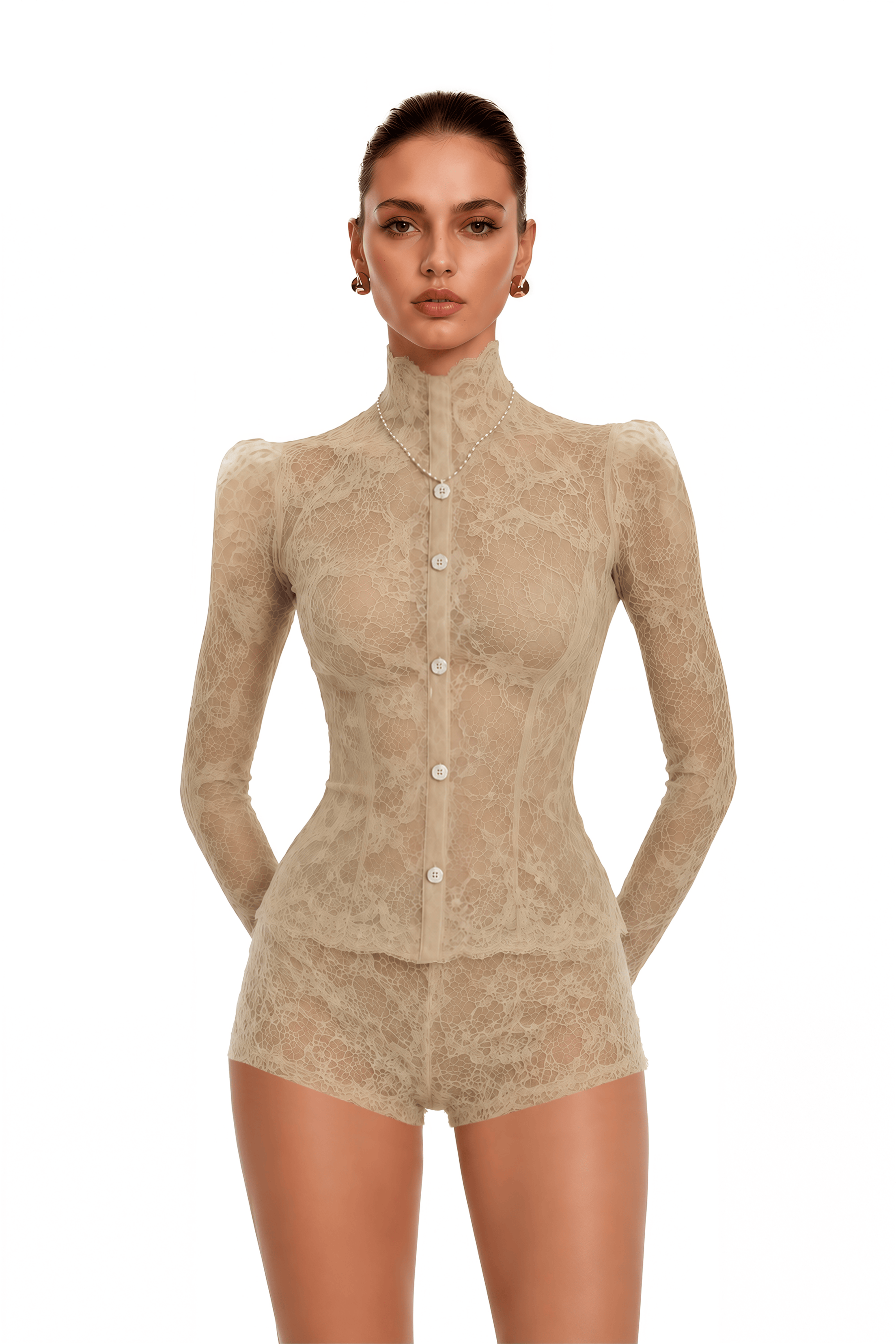 Paislee Neutral Lace High Neck Long Sleeve Jacket & Shorts Set