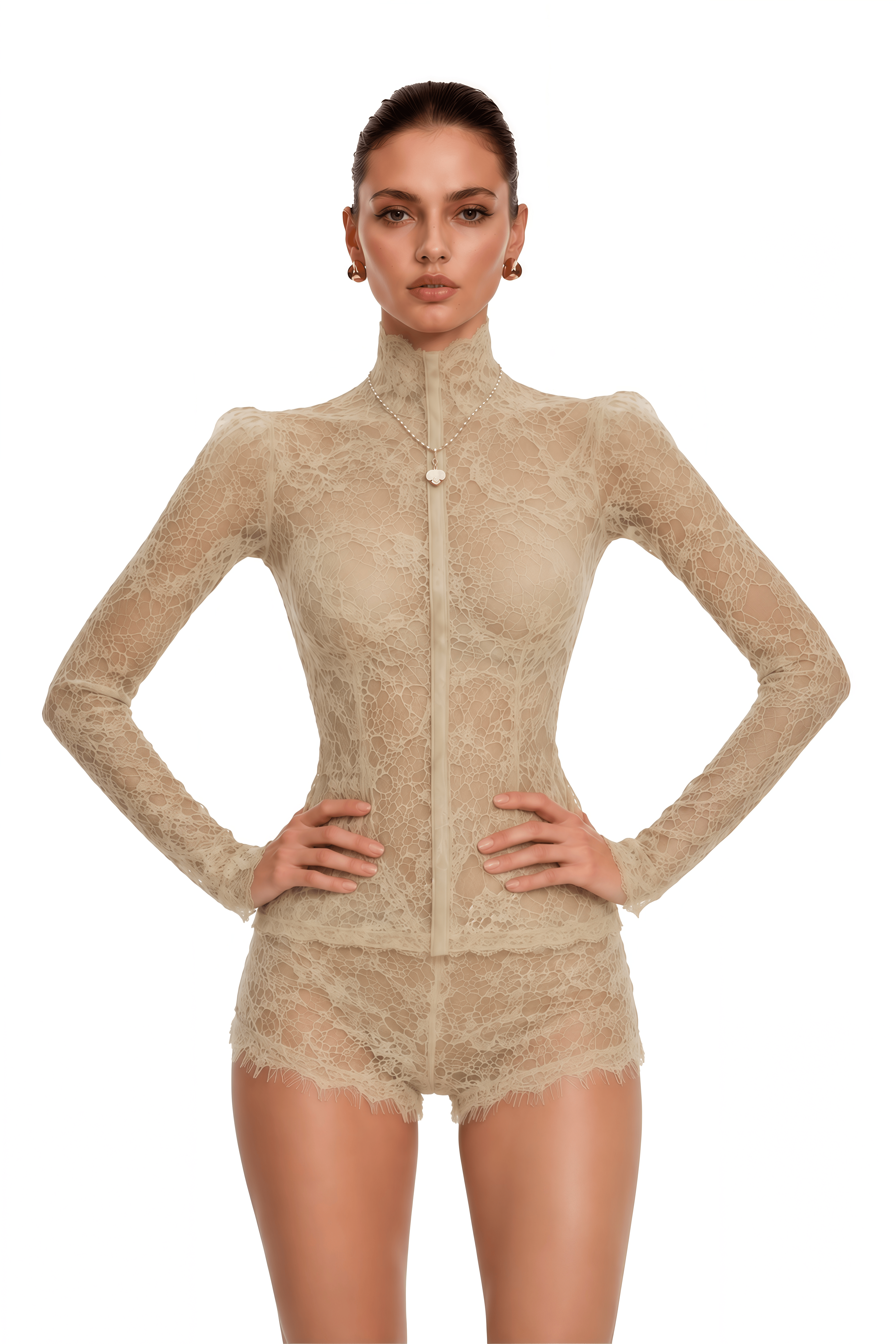 Paislee Neutral Lace High Neck Long Sleeve Jacket & Shorts Set