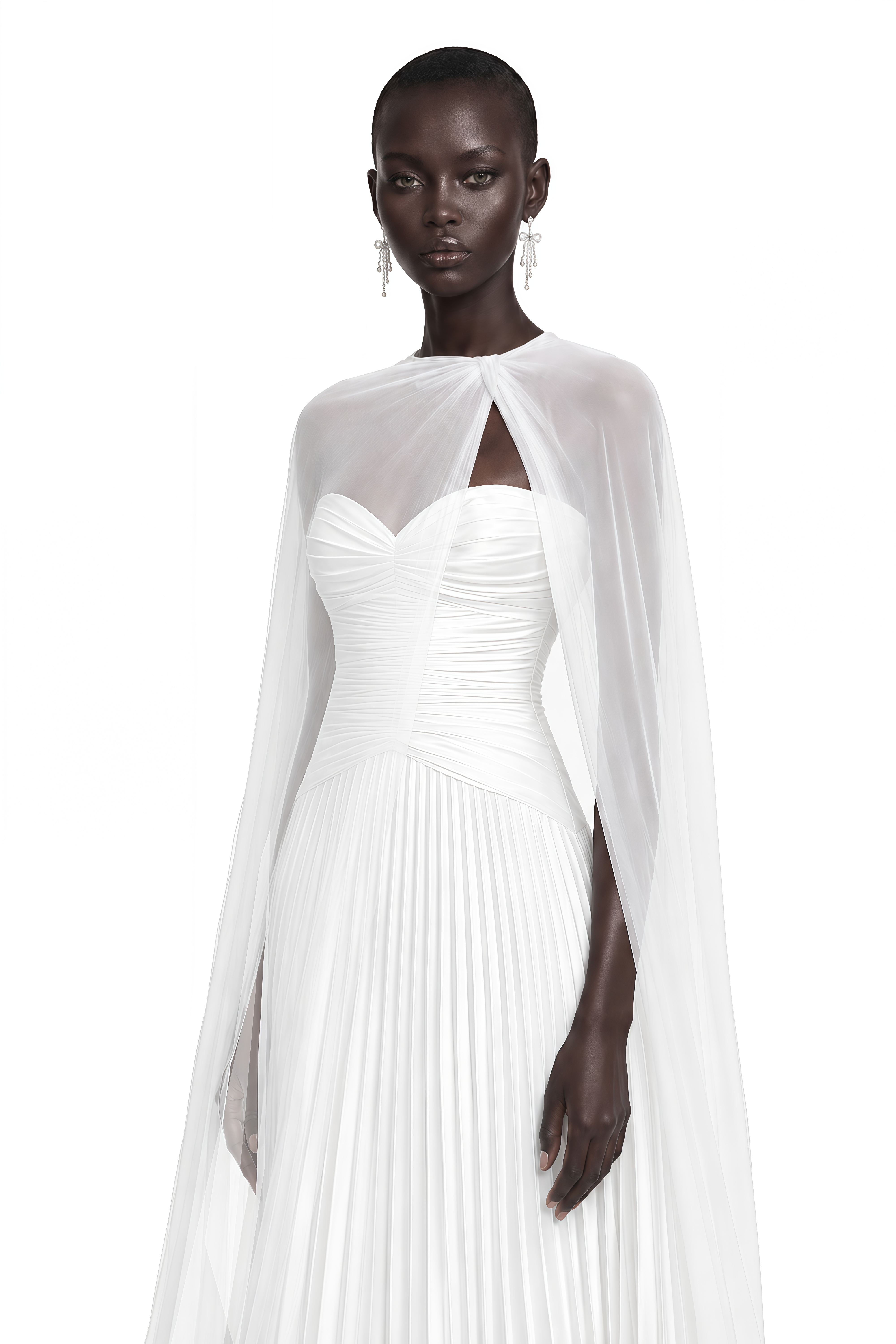 Palesa White Pleated Glossy Maxi Dress & Cape Set