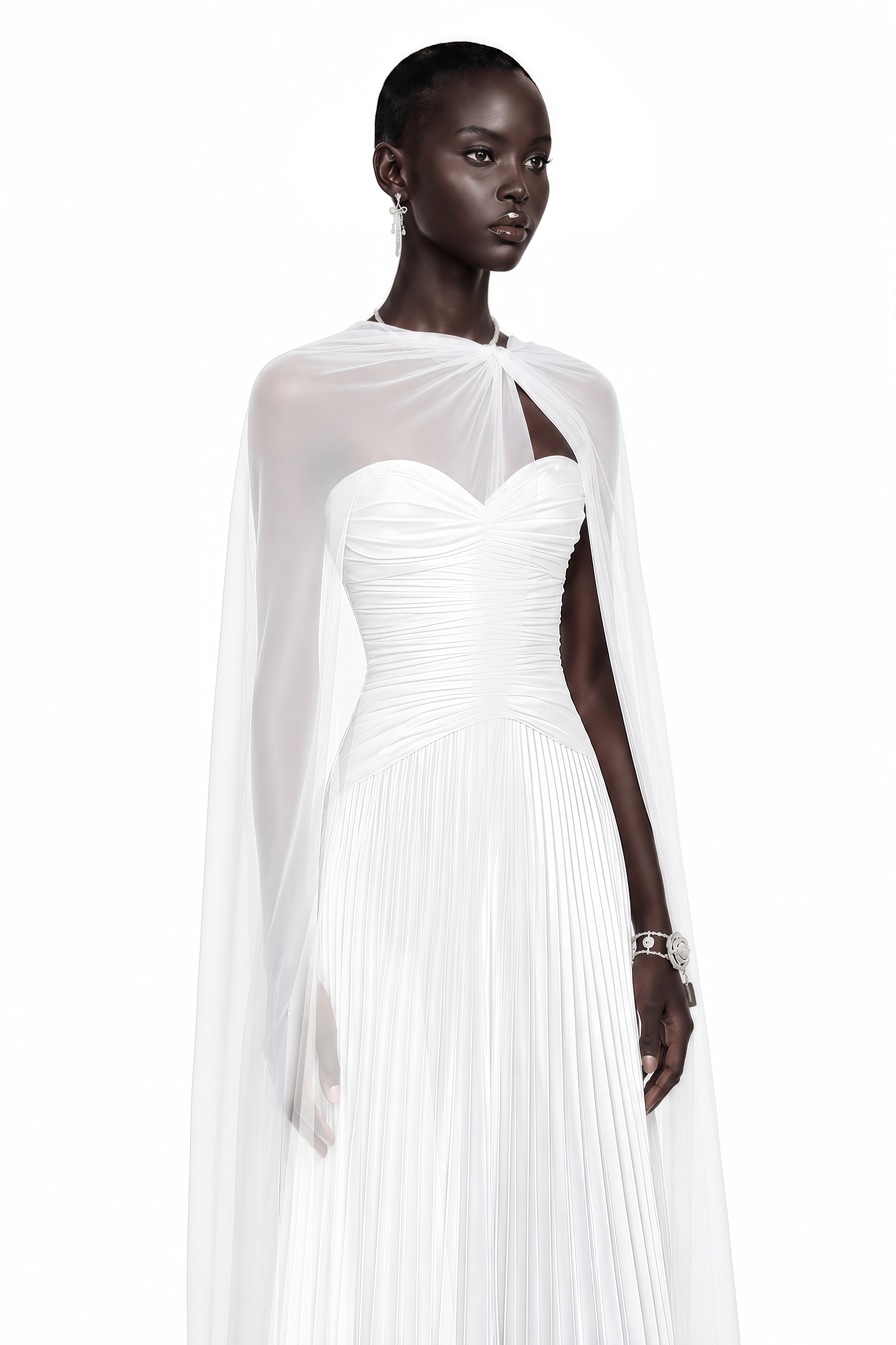 Palesa White Pleated Glossy Maxi Dress & Cape Set