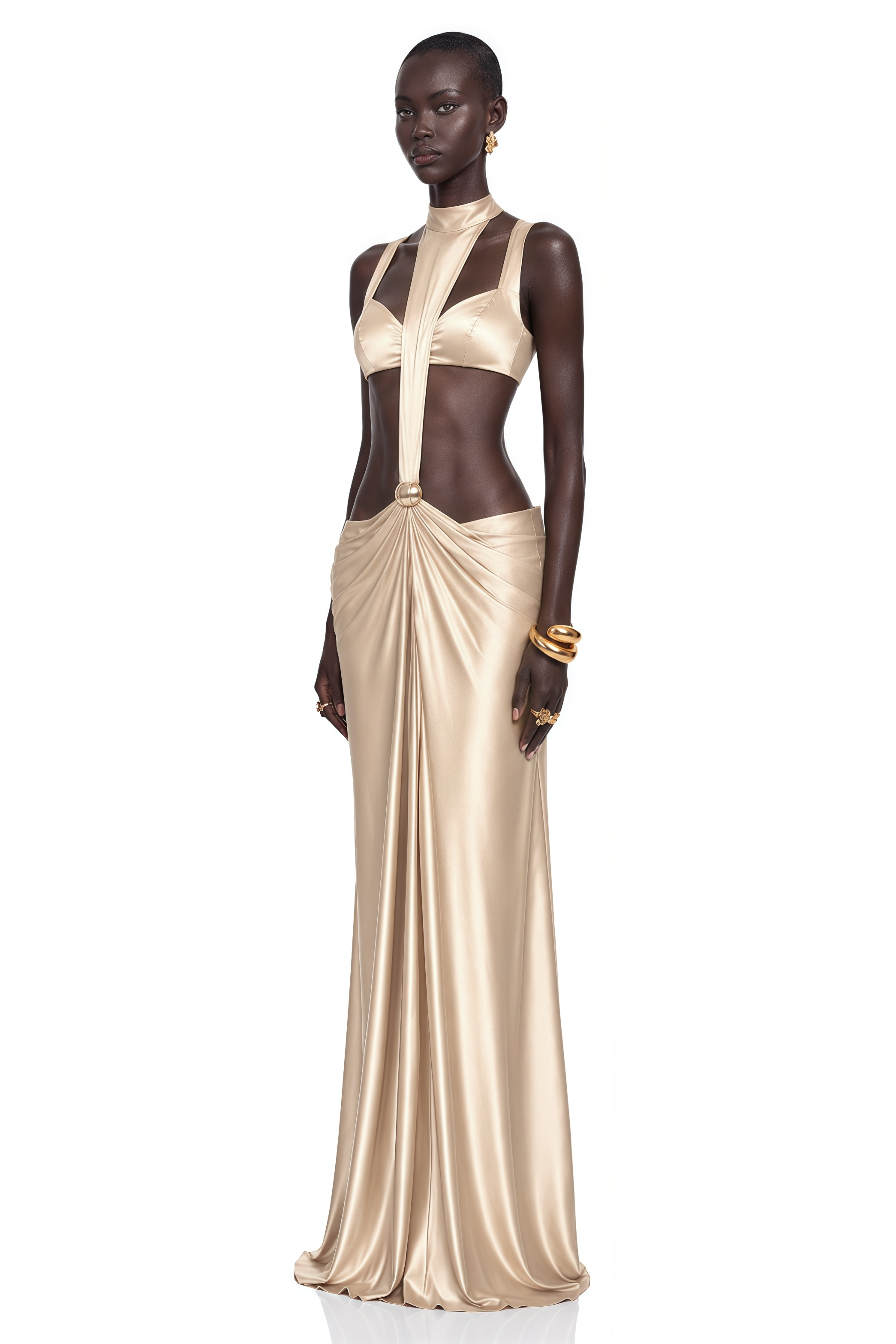 Paloma Champagne Cut-Out Halterneck Satin Maxi Dress