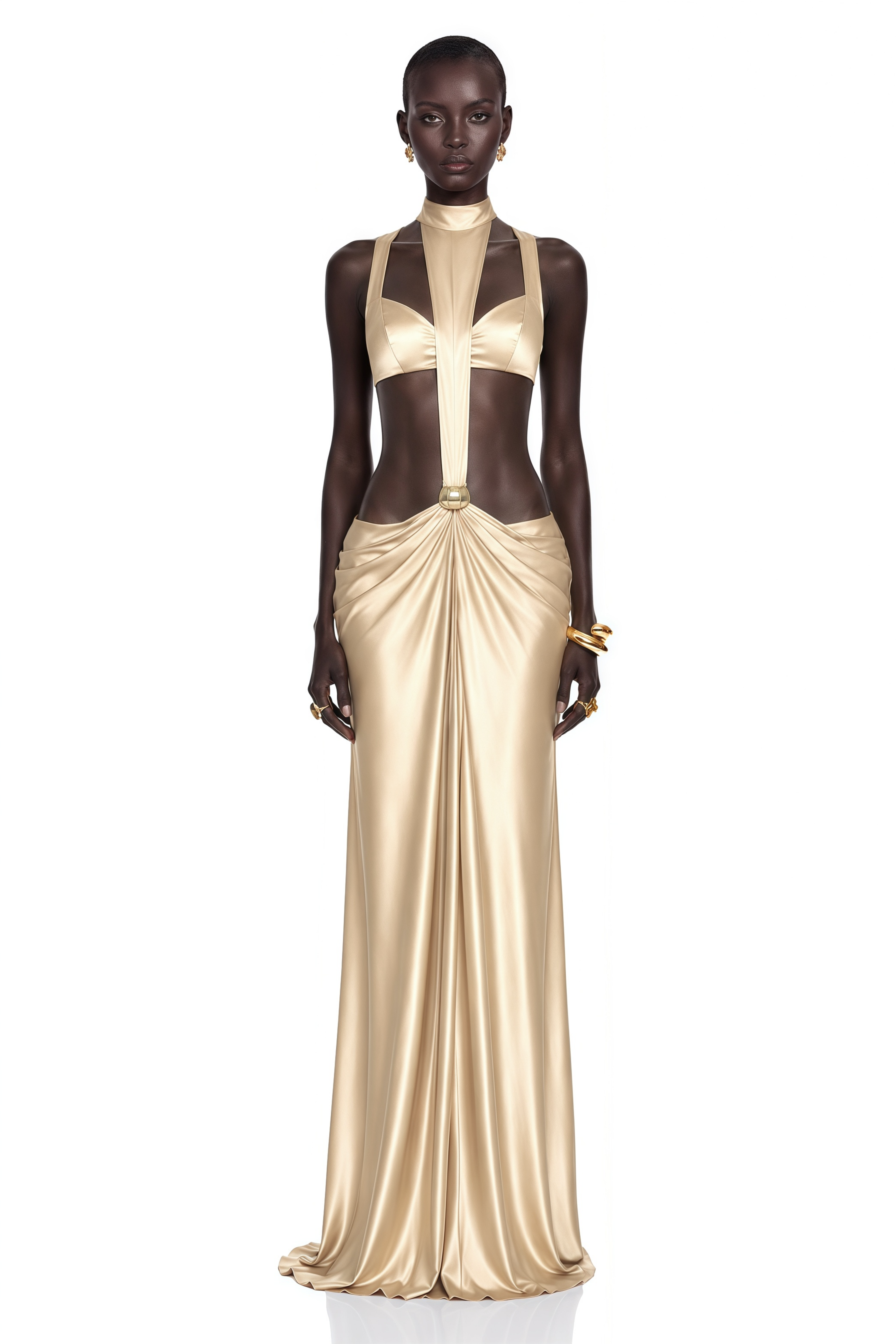 Paloma Champagne Cut-Out Halterneck Satin Maxi Dress