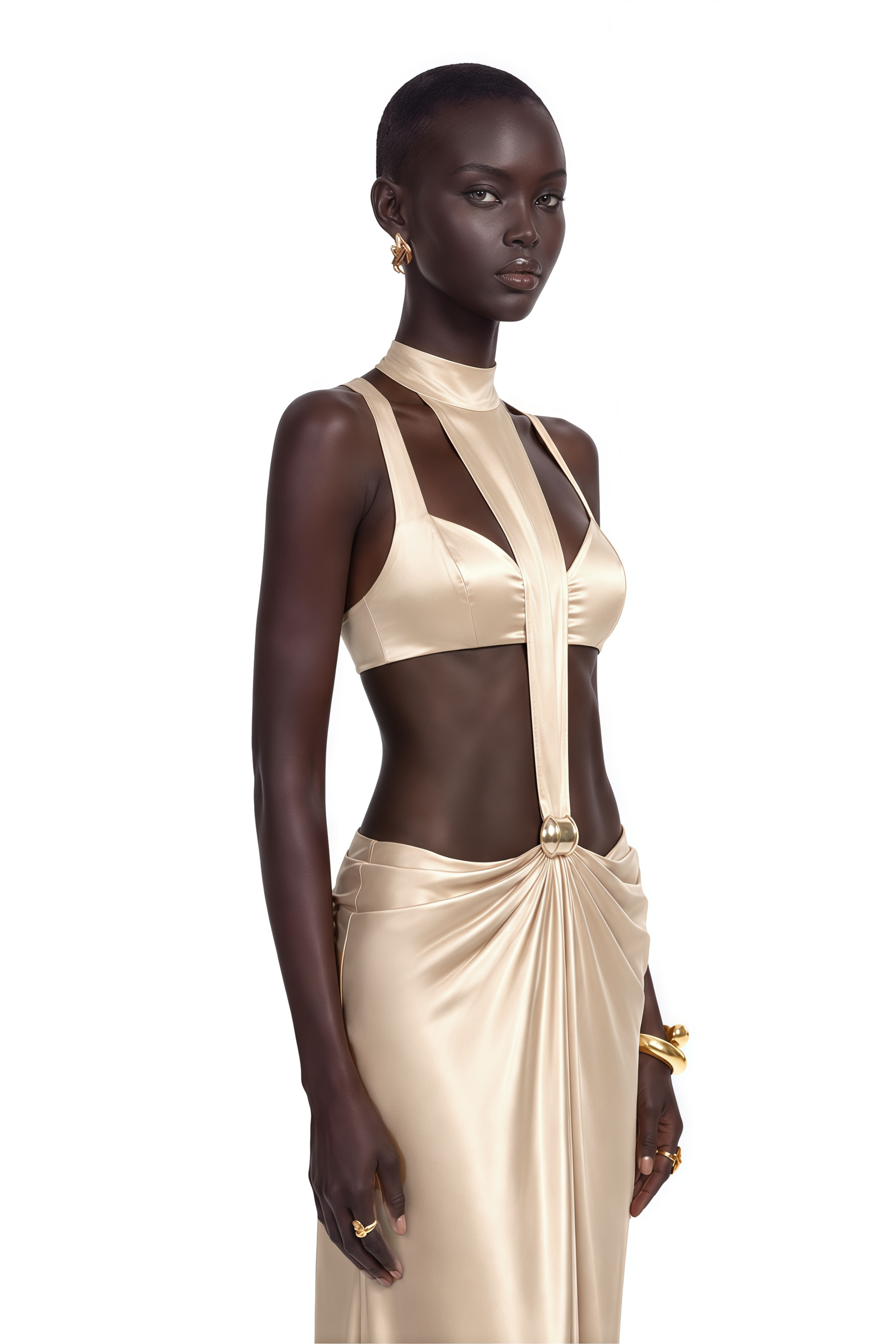 Paloma Champagne Cut-Out Halterneck Satin Maxi Dress