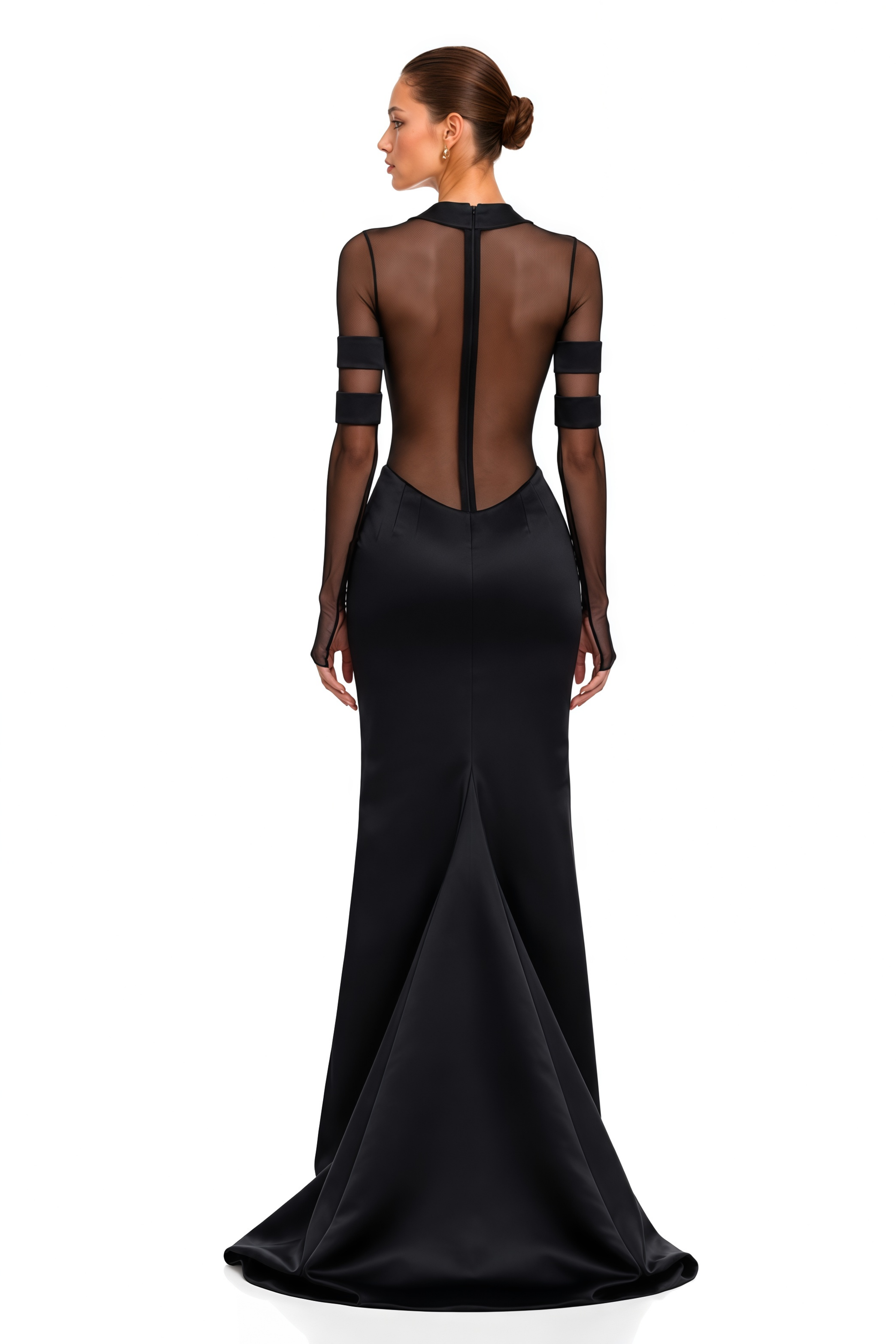 Black plunge-neck gown with sheer mesh torso and long sleeves