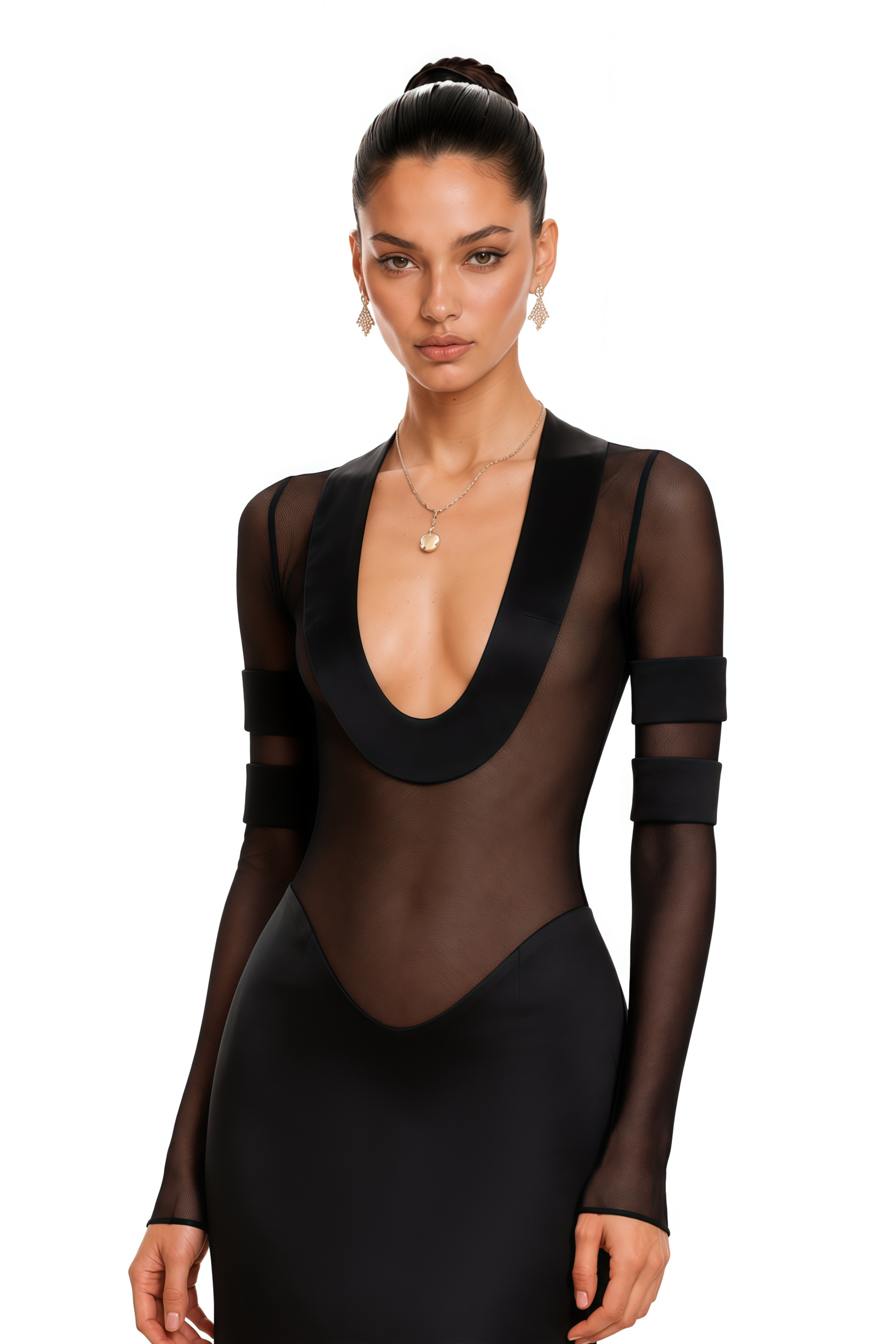 Black plunge-neck gown with sheer mesh torso and long sleeves
