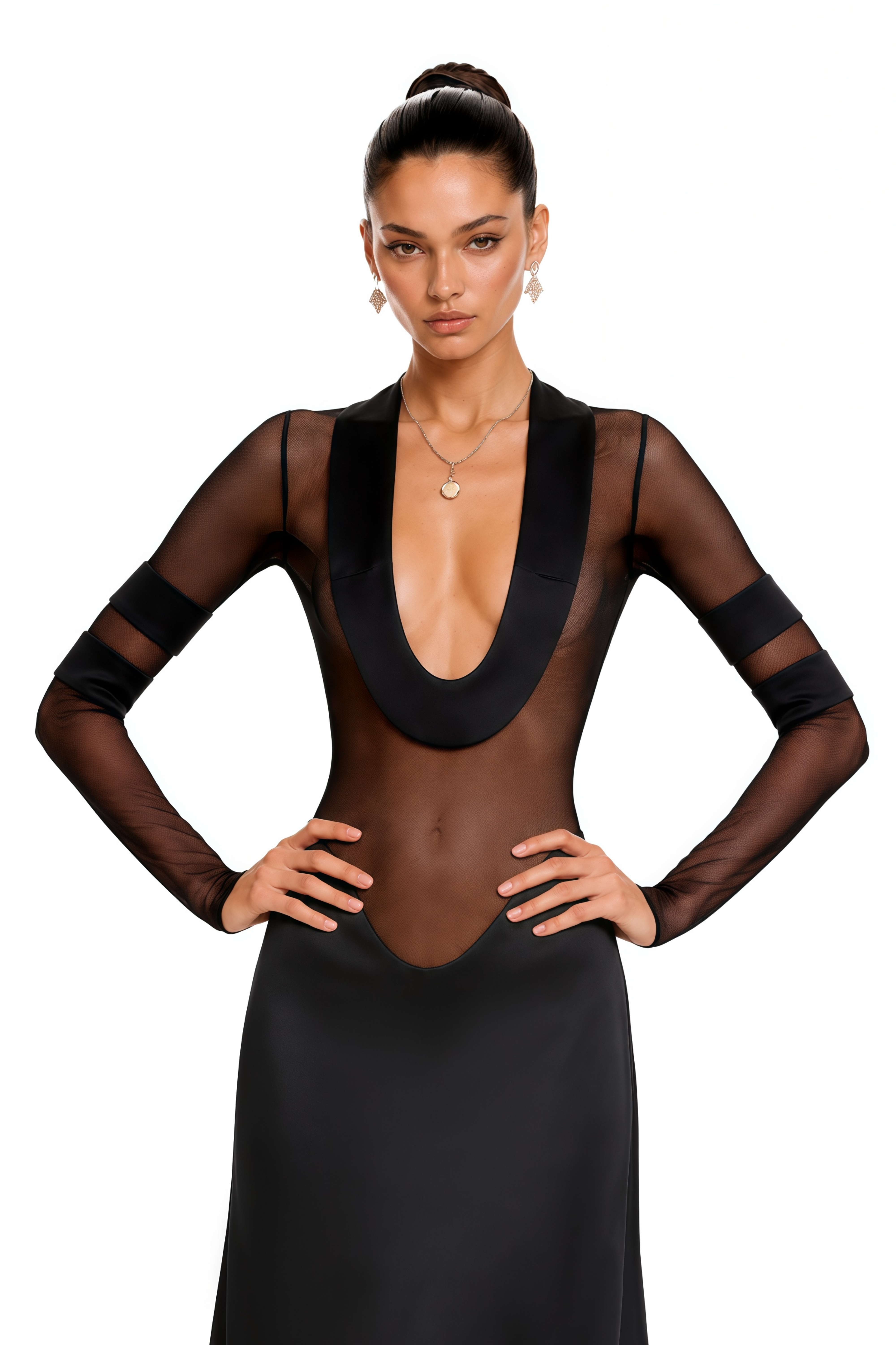 Black plunge-neck gown with sheer mesh torso and long sleeves