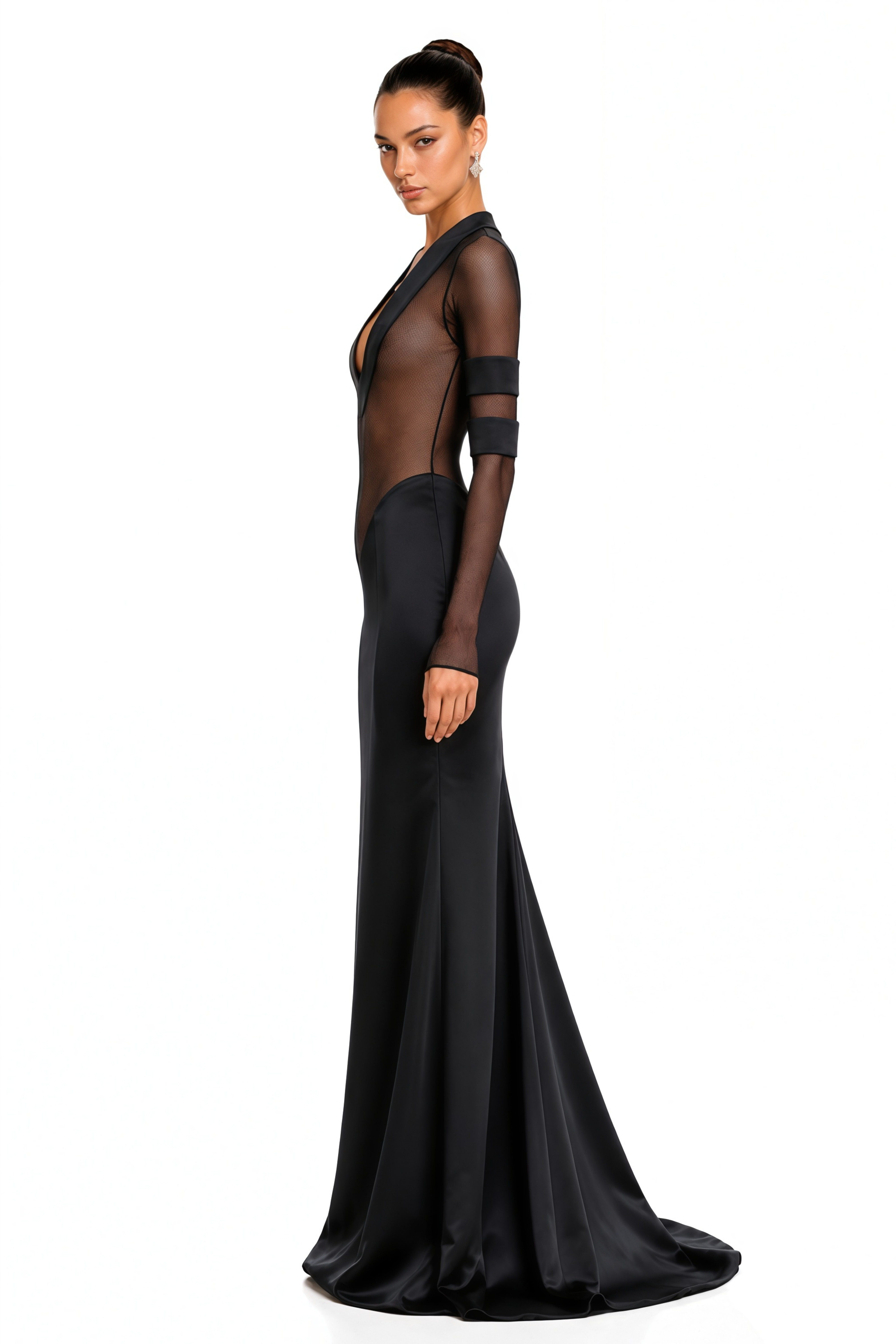 Black plunge-neck gown with sheer mesh torso and long sleeves