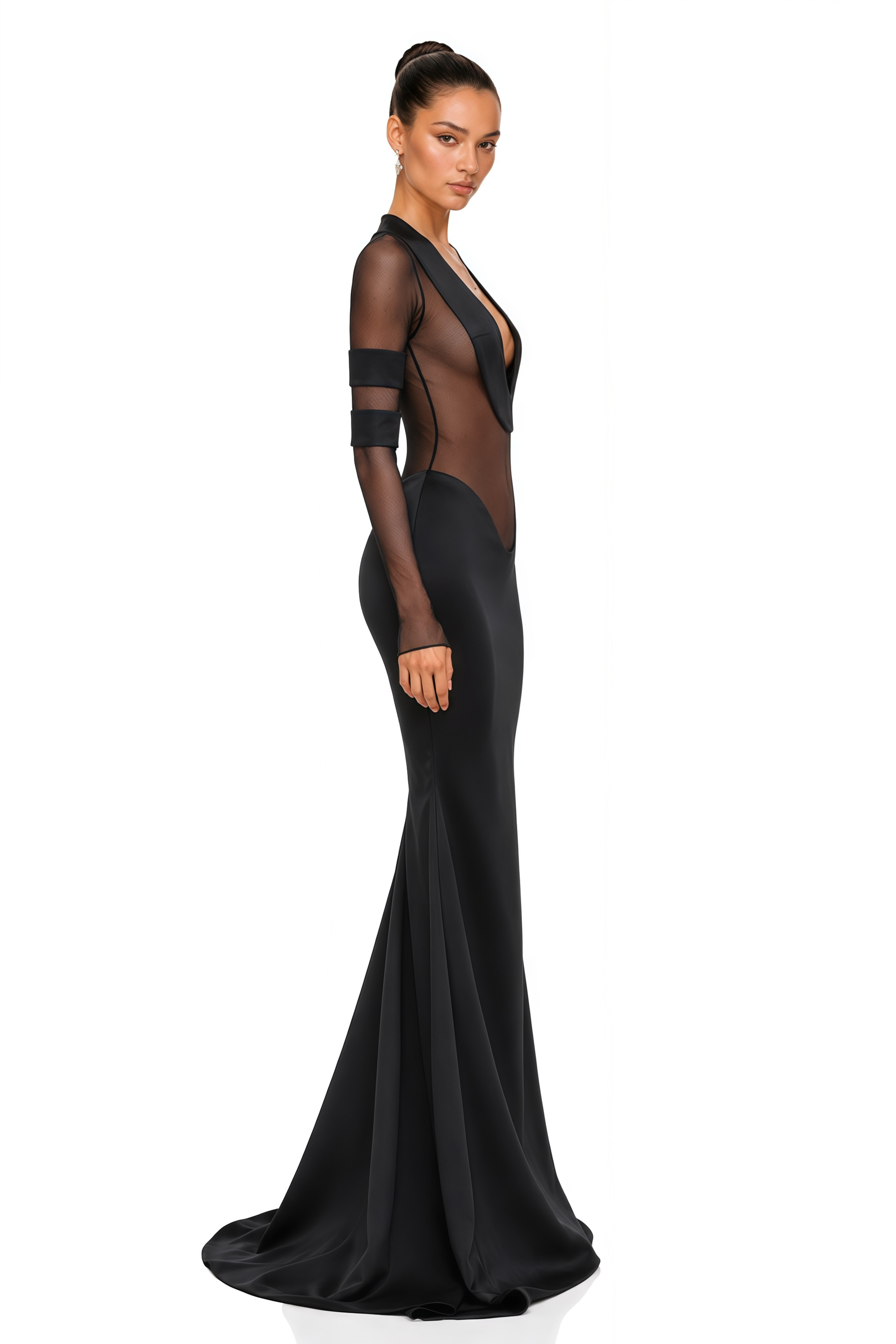 Black plunge-neck gown with sheer mesh torso and long sleeves
