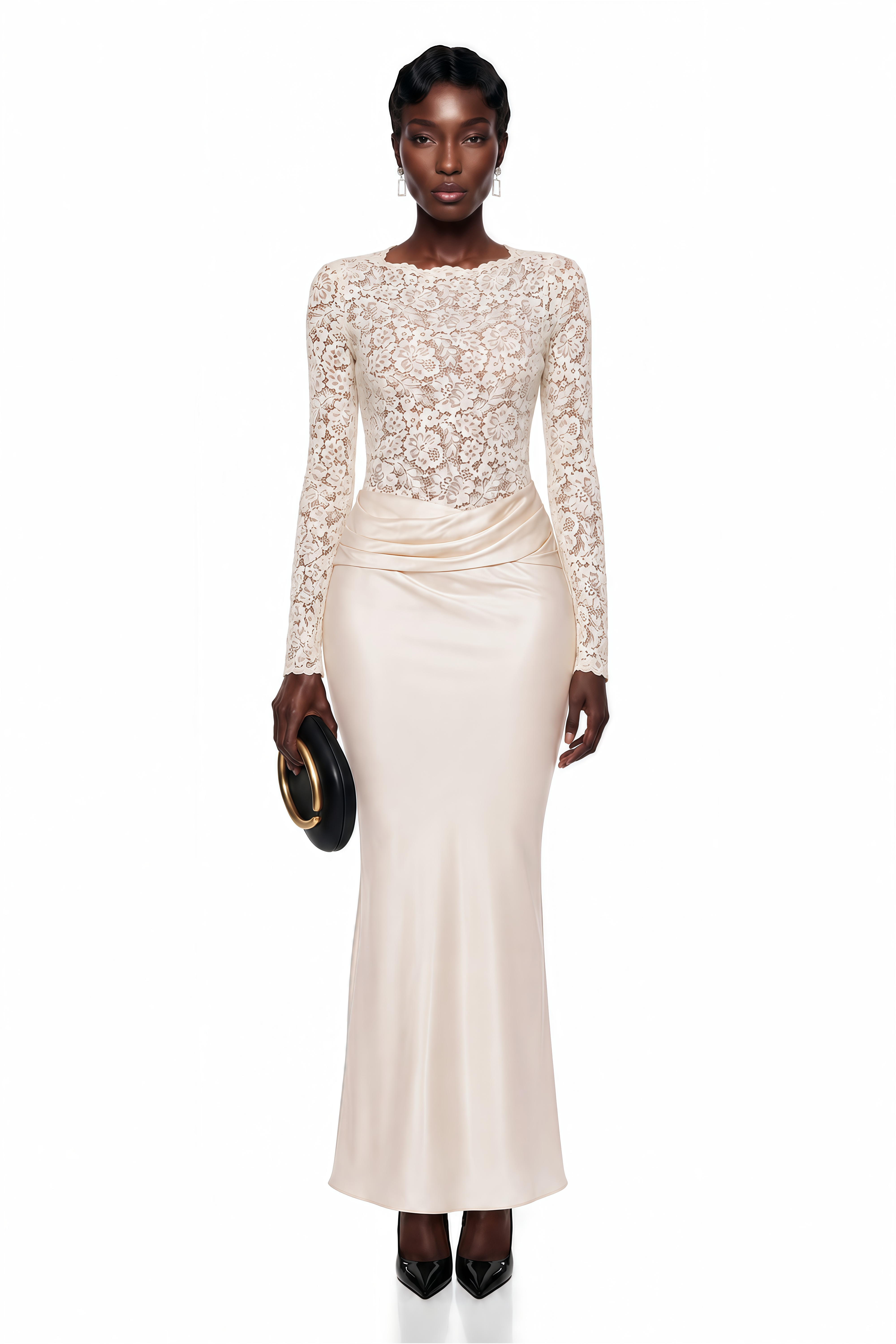 Cream maxi dress featuring a long-sleeve floral lace bodice and a draped satin floor-length skirt