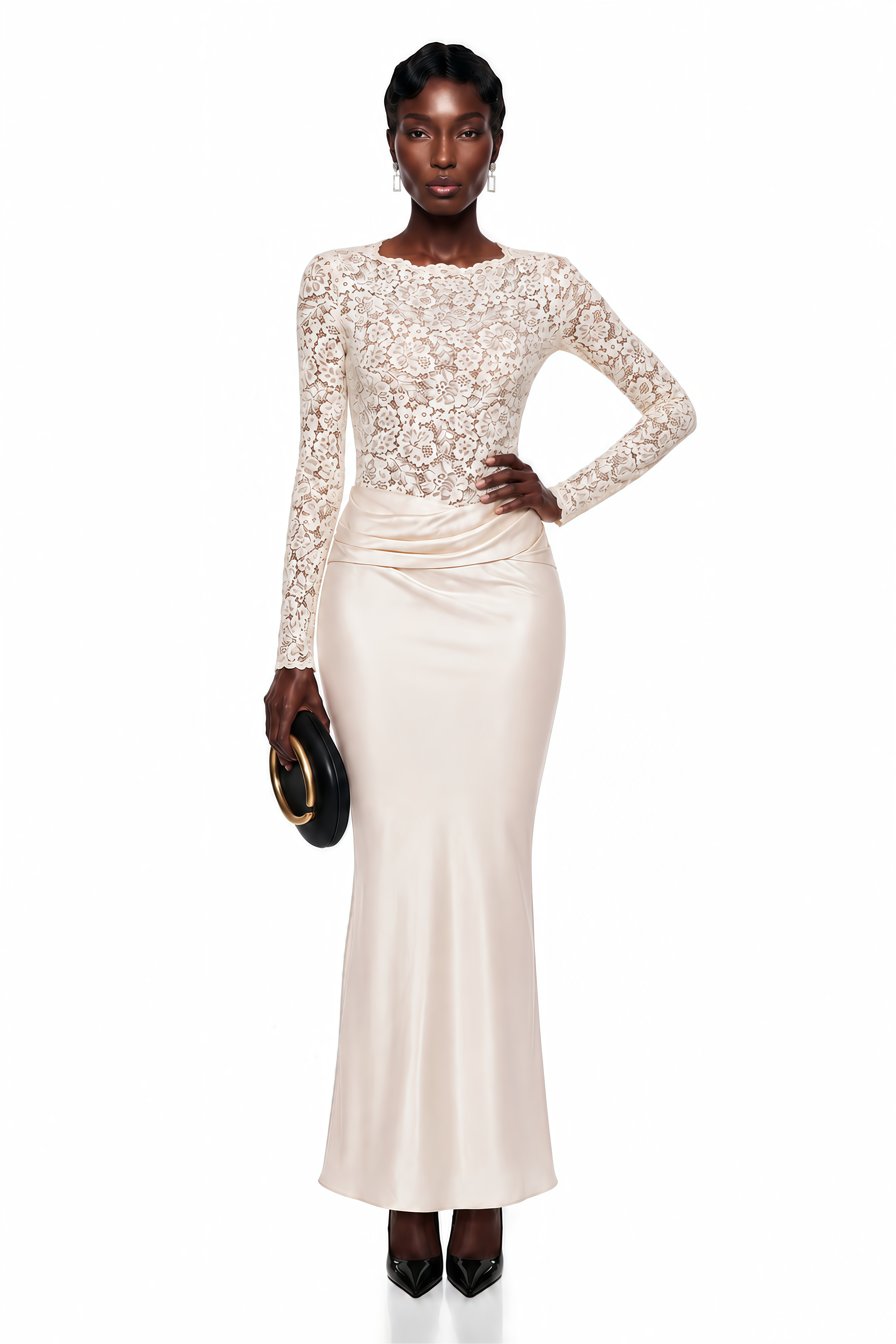 Cream maxi dress featuring a long-sleeve floral lace bodice and a draped satin floor-length skirt