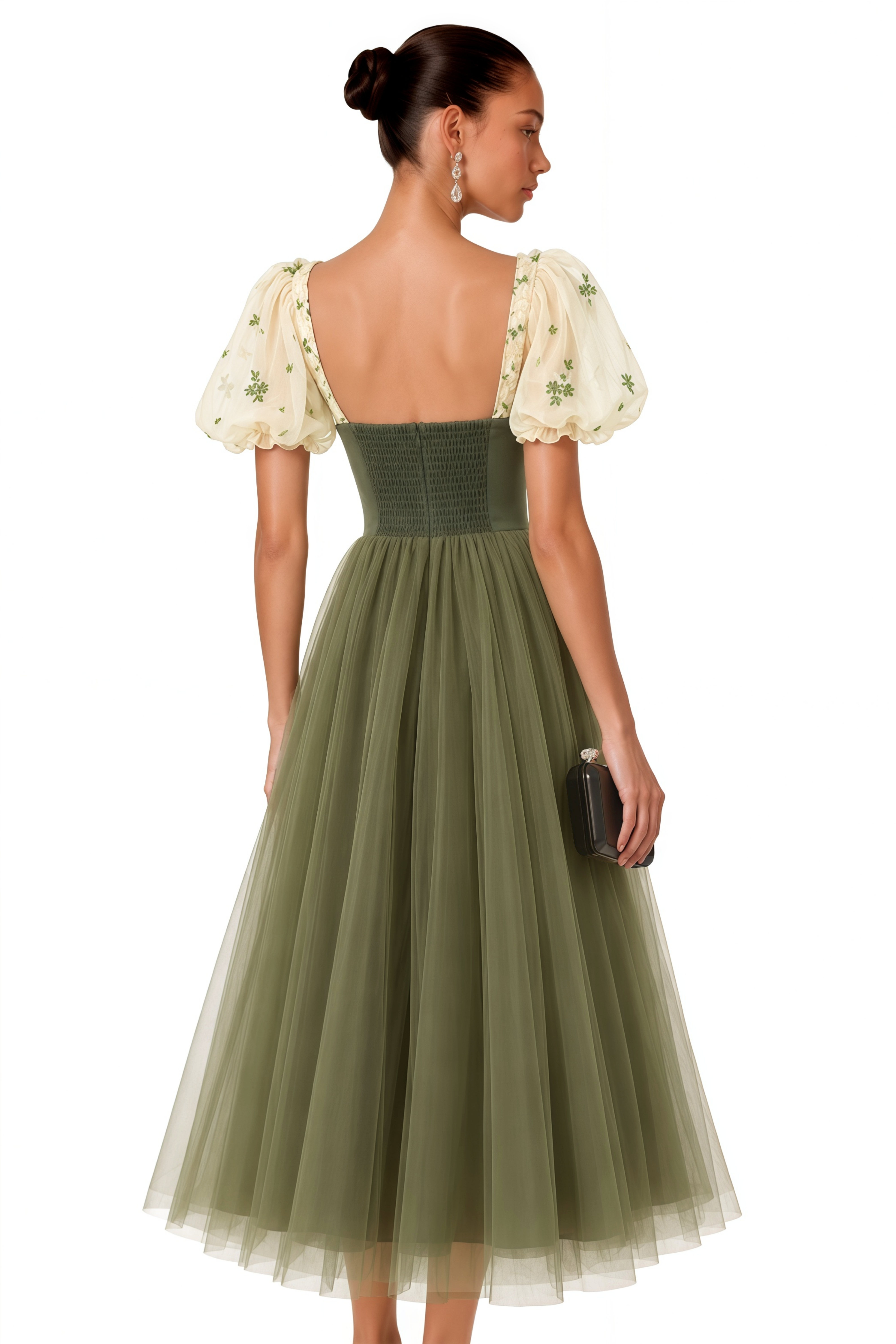 Patrizia Green Sweetheart Puff Sleeve Midi Dress