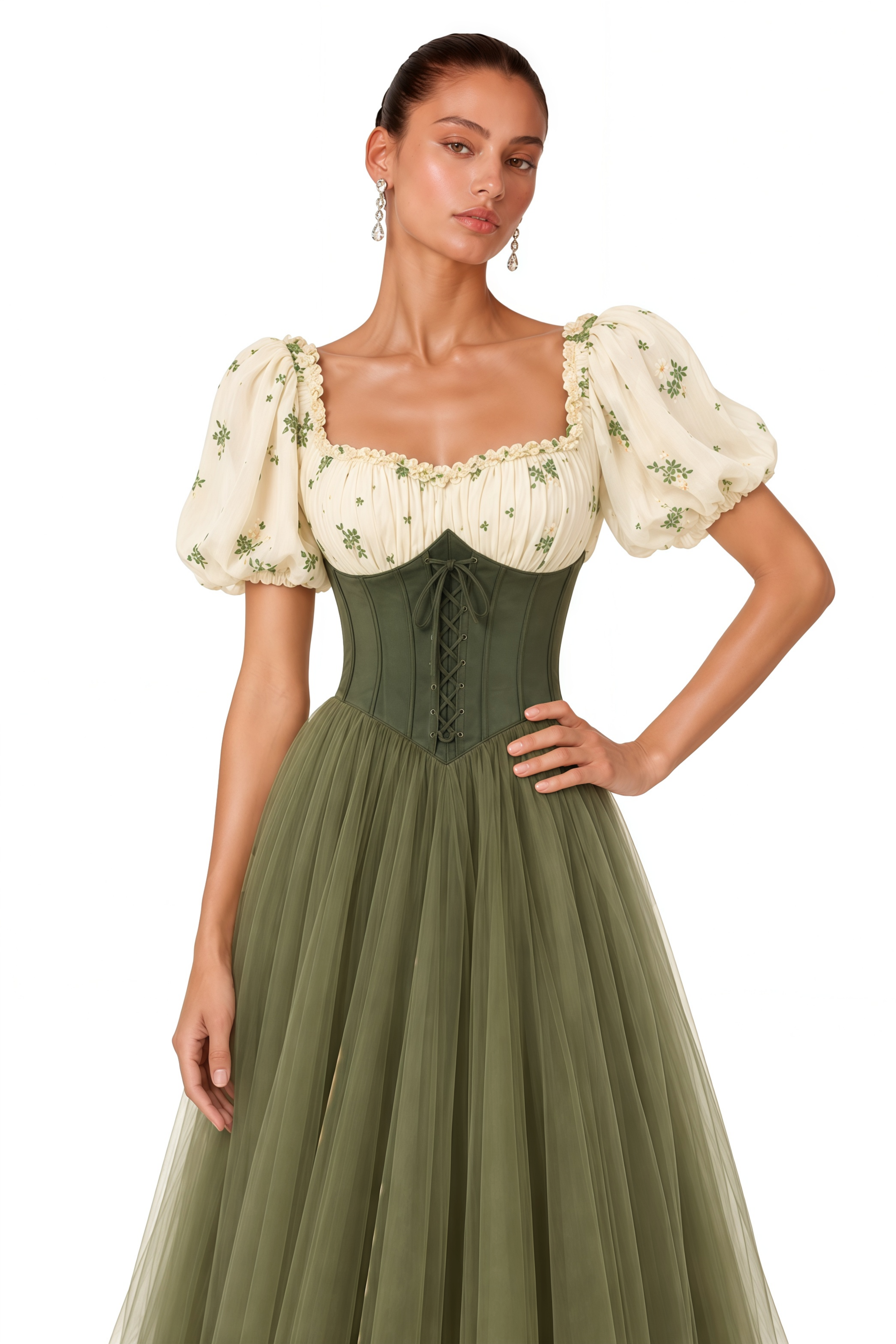Patrizia Green Sweetheart Puff Sleeve Midi Dress
