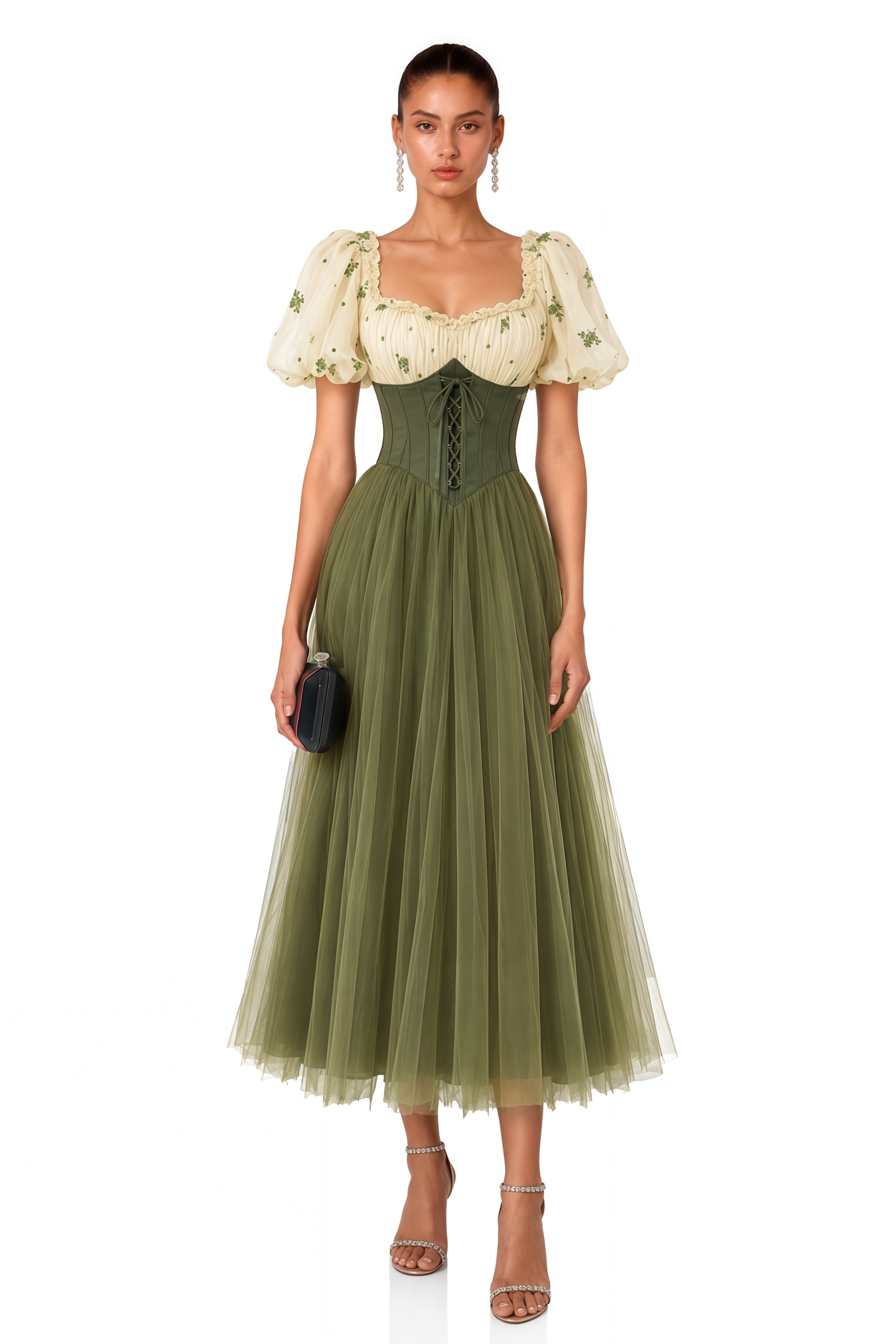 Patrizia Green Sweetheart Puff Sleeve Midi Dress
