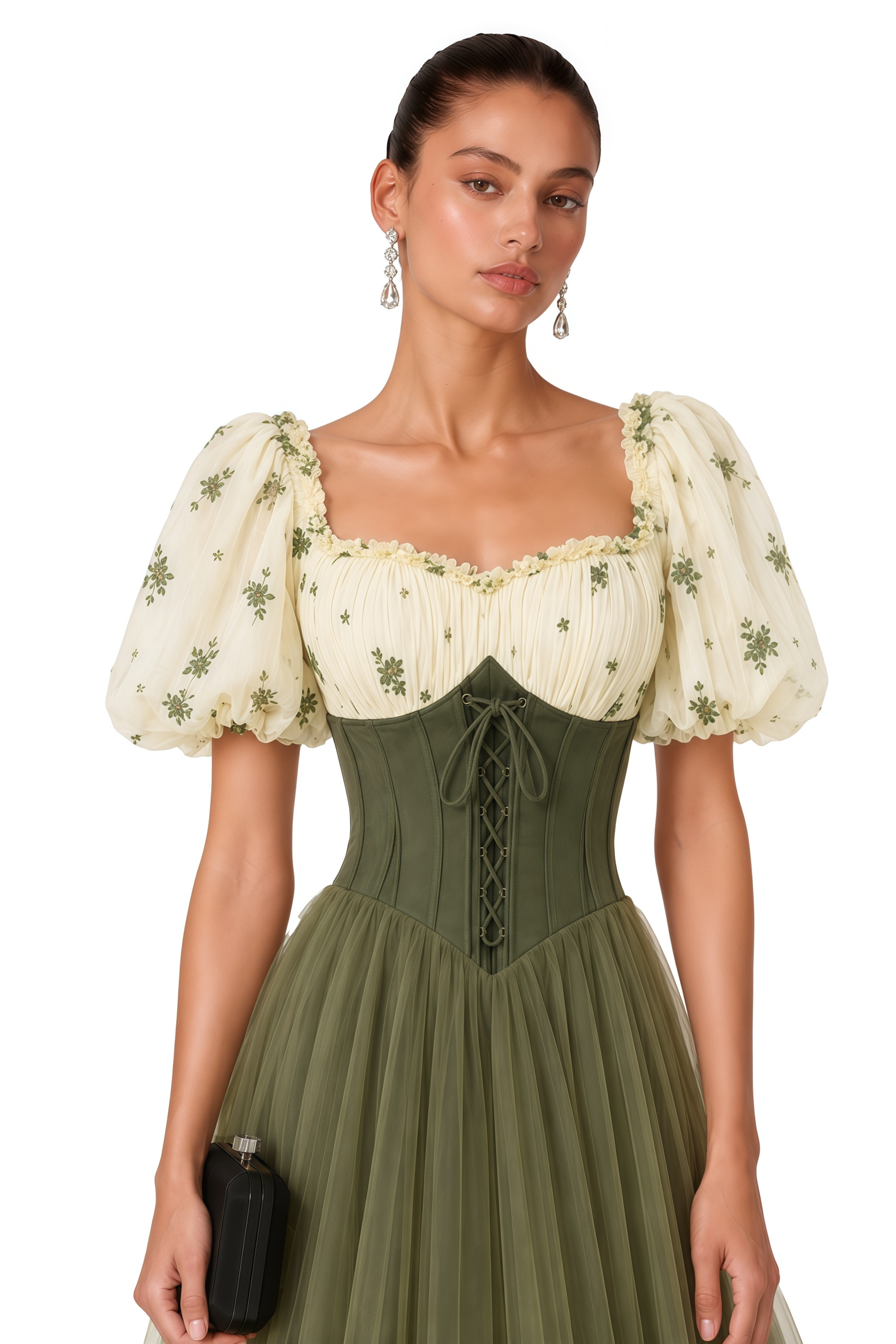 Patrizia Green Sweetheart Puff Sleeve Midi Dress