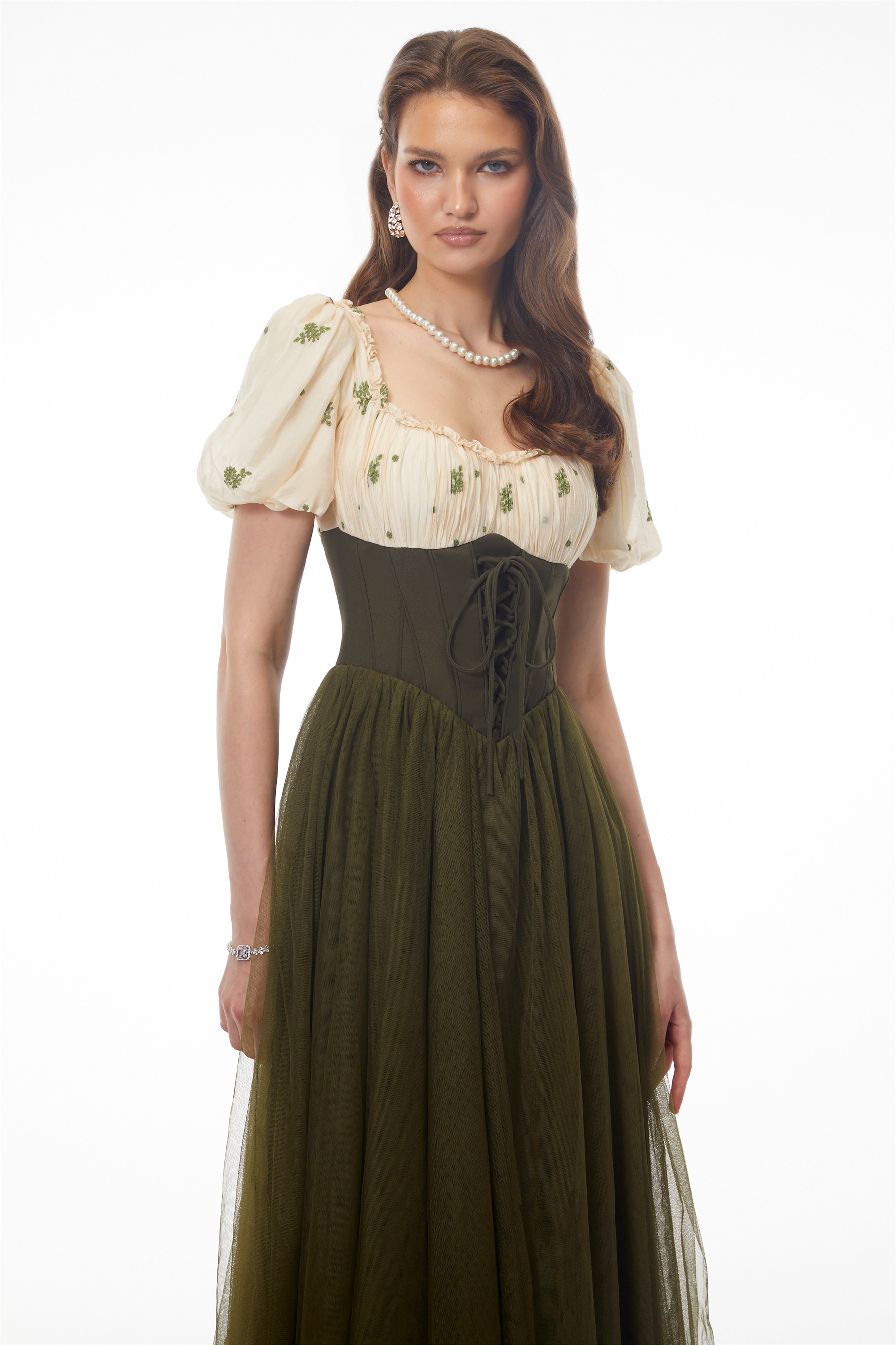 Patrizia Green Sweetheart Puff Sleeve Midi Dress
