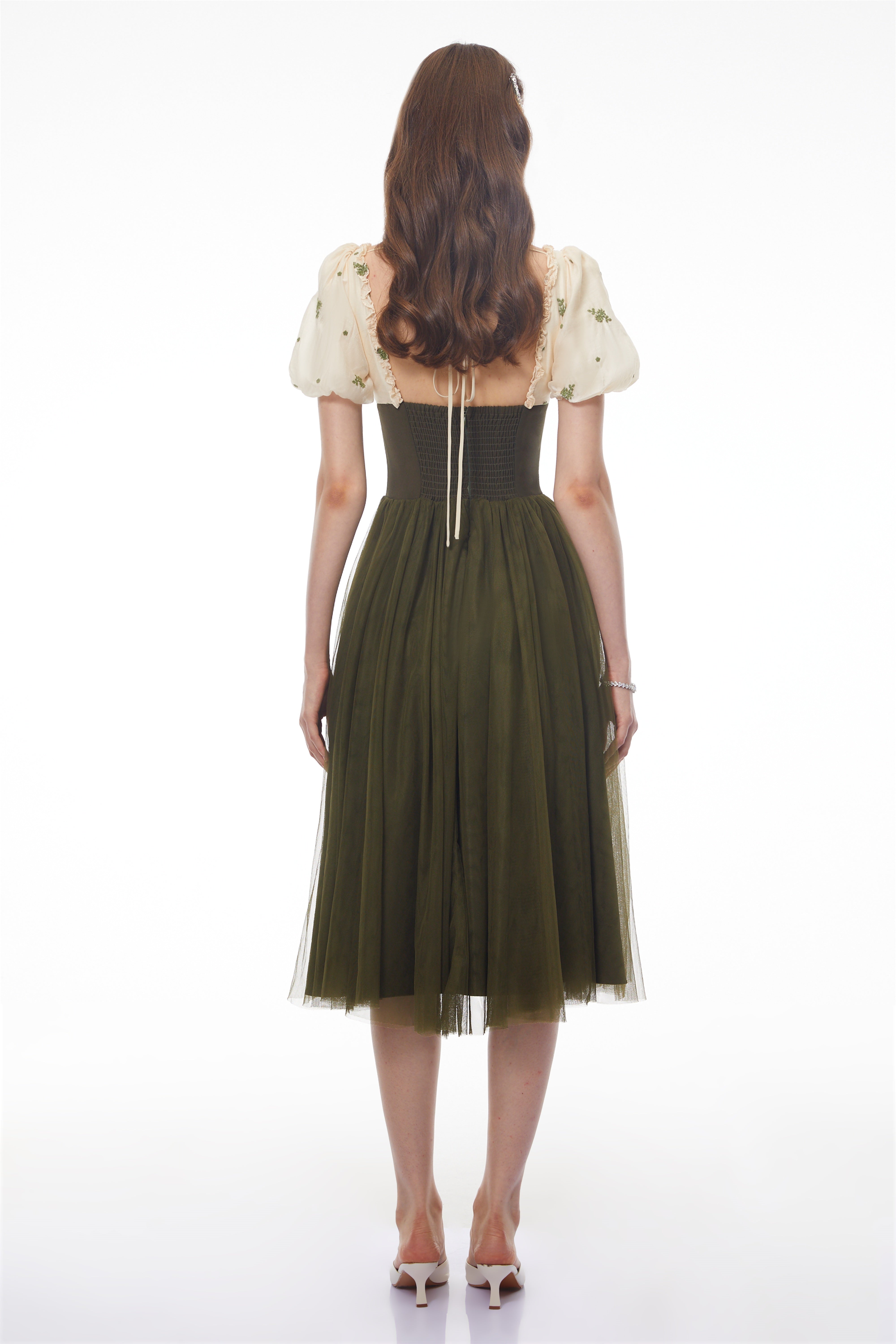 Patrizia Green Sweetheart Puff Sleeve Midi Dress