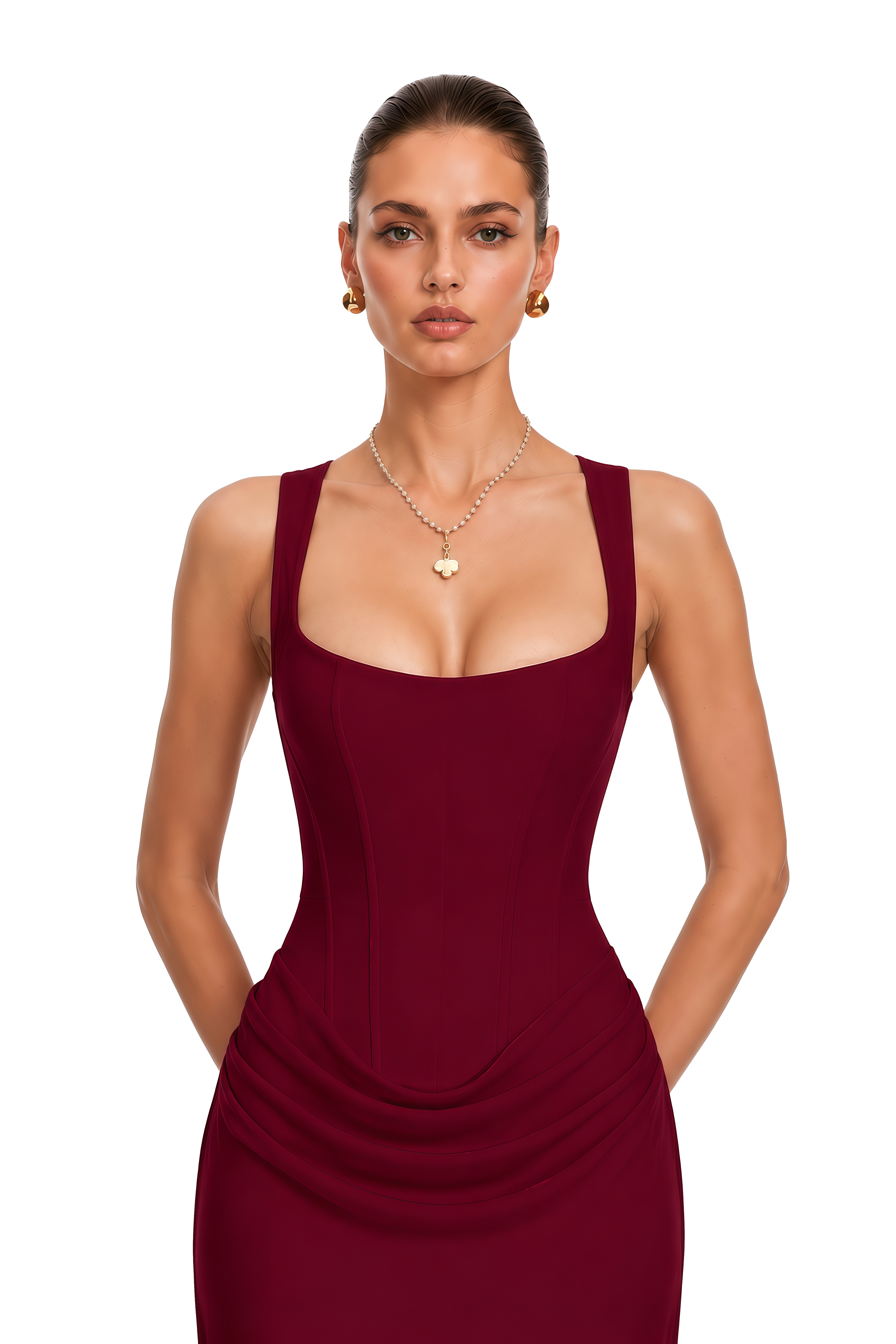 burgundy corset maxi dress Paulette Red Ruched No stretch Q3_2026 Glossy Black Dresser Design Size:16.5 32/33