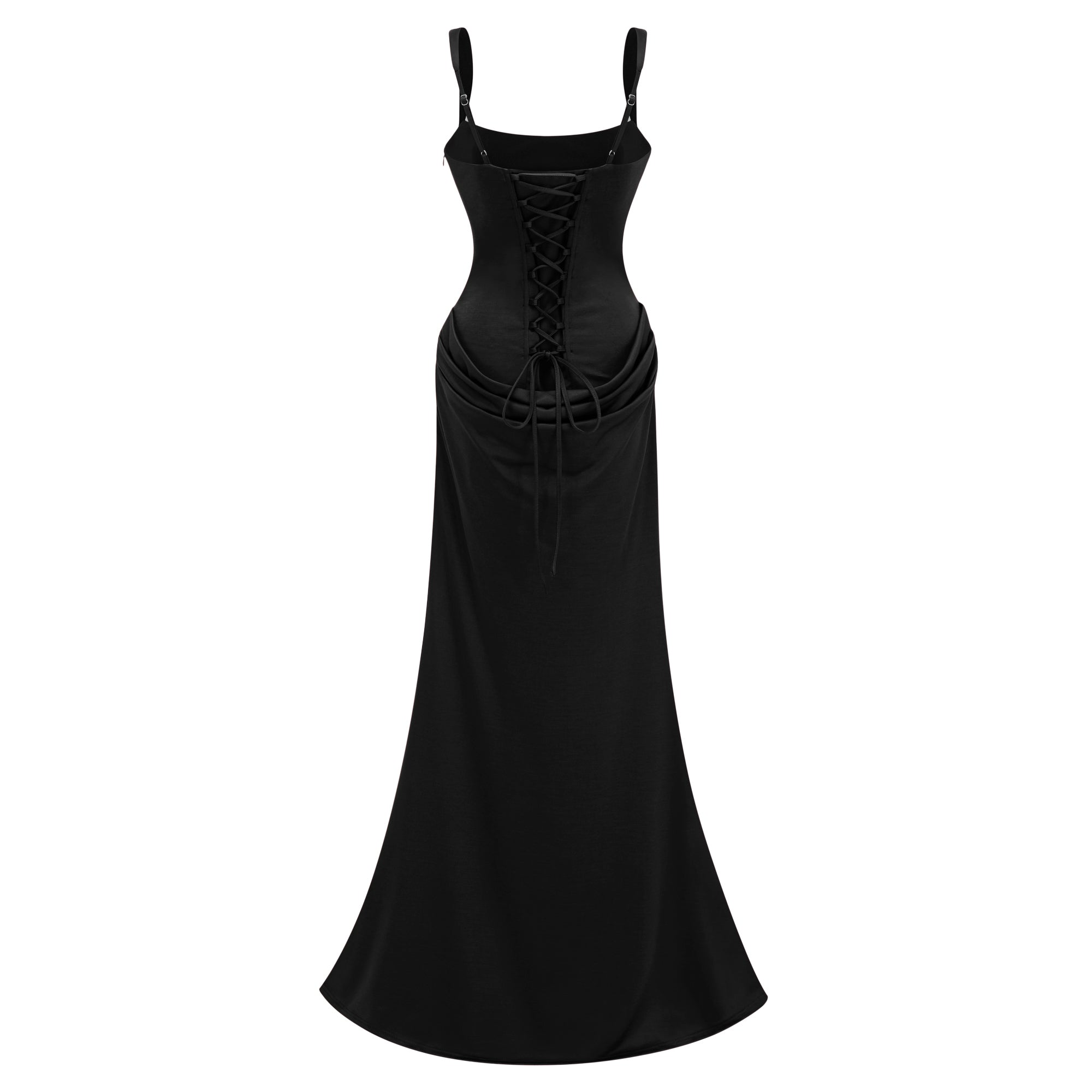 Black sleeveless maxi dress with a corset-style bodice and draped hip detailing