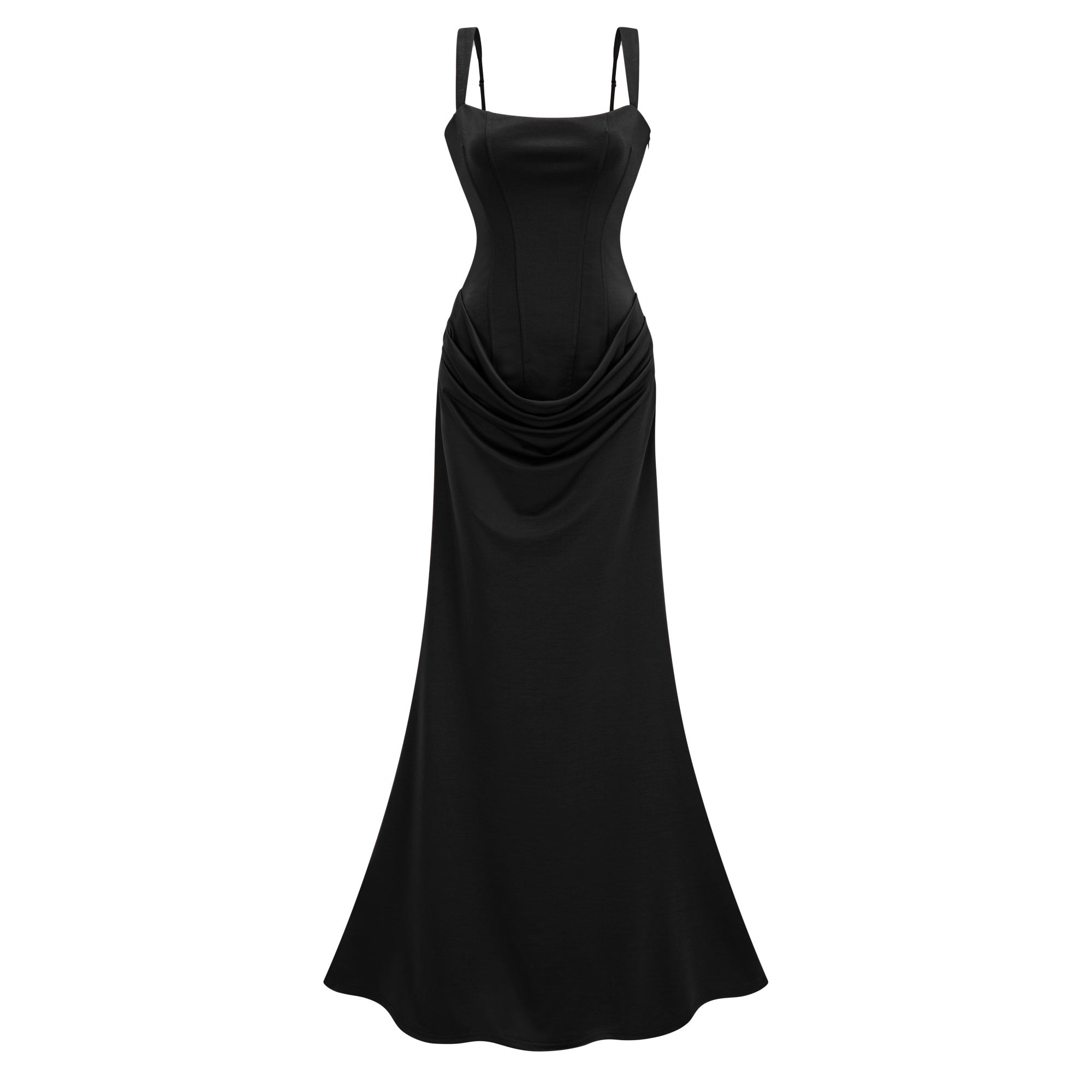 Black sleeveless maxi dress with a corset-style bodice and draped hip detailing