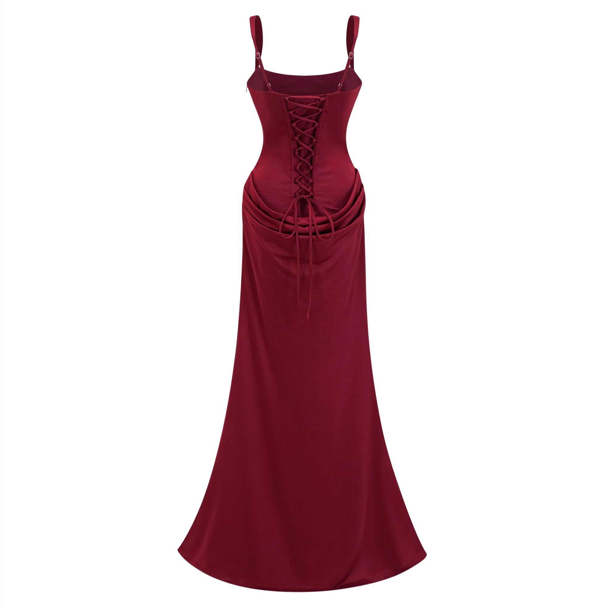 Burgundy floor-length gown with a corset-style bodice and draped hip detail