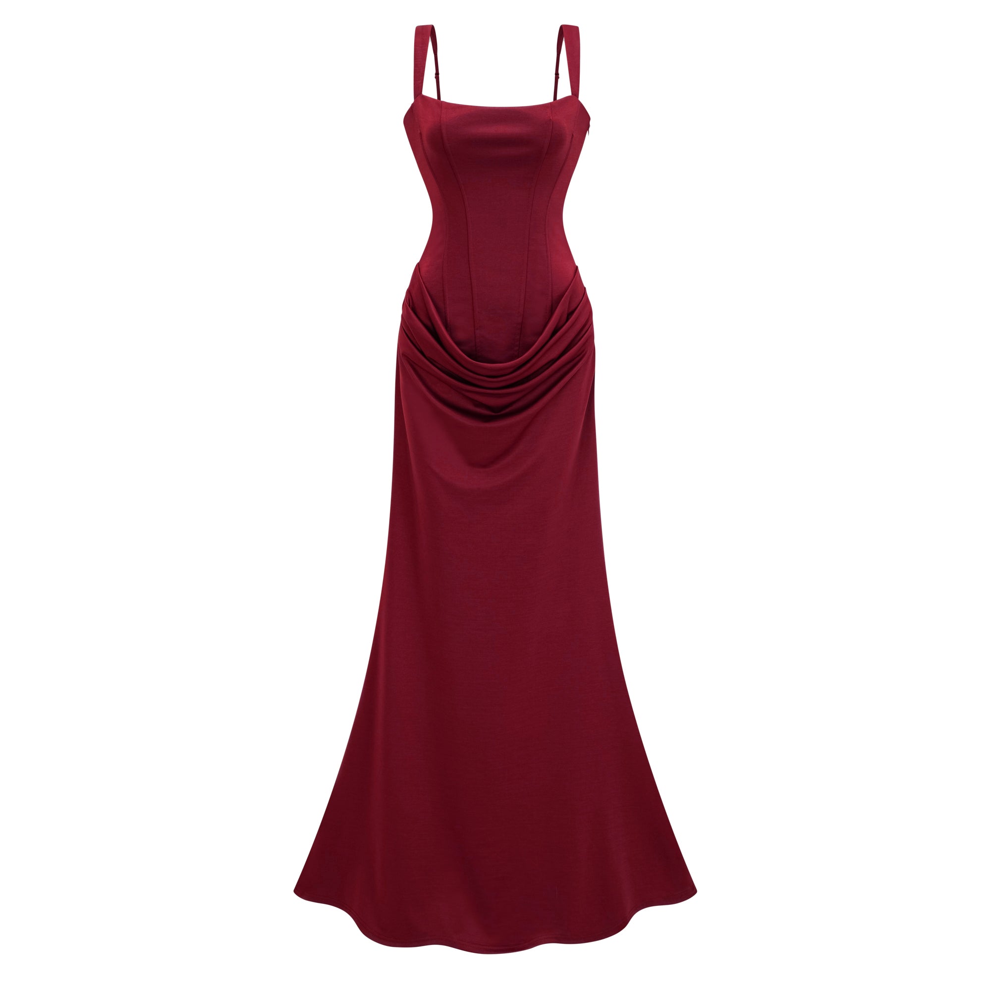 Burgundy floor-length gown with a corset-style bodice and draped hip detail