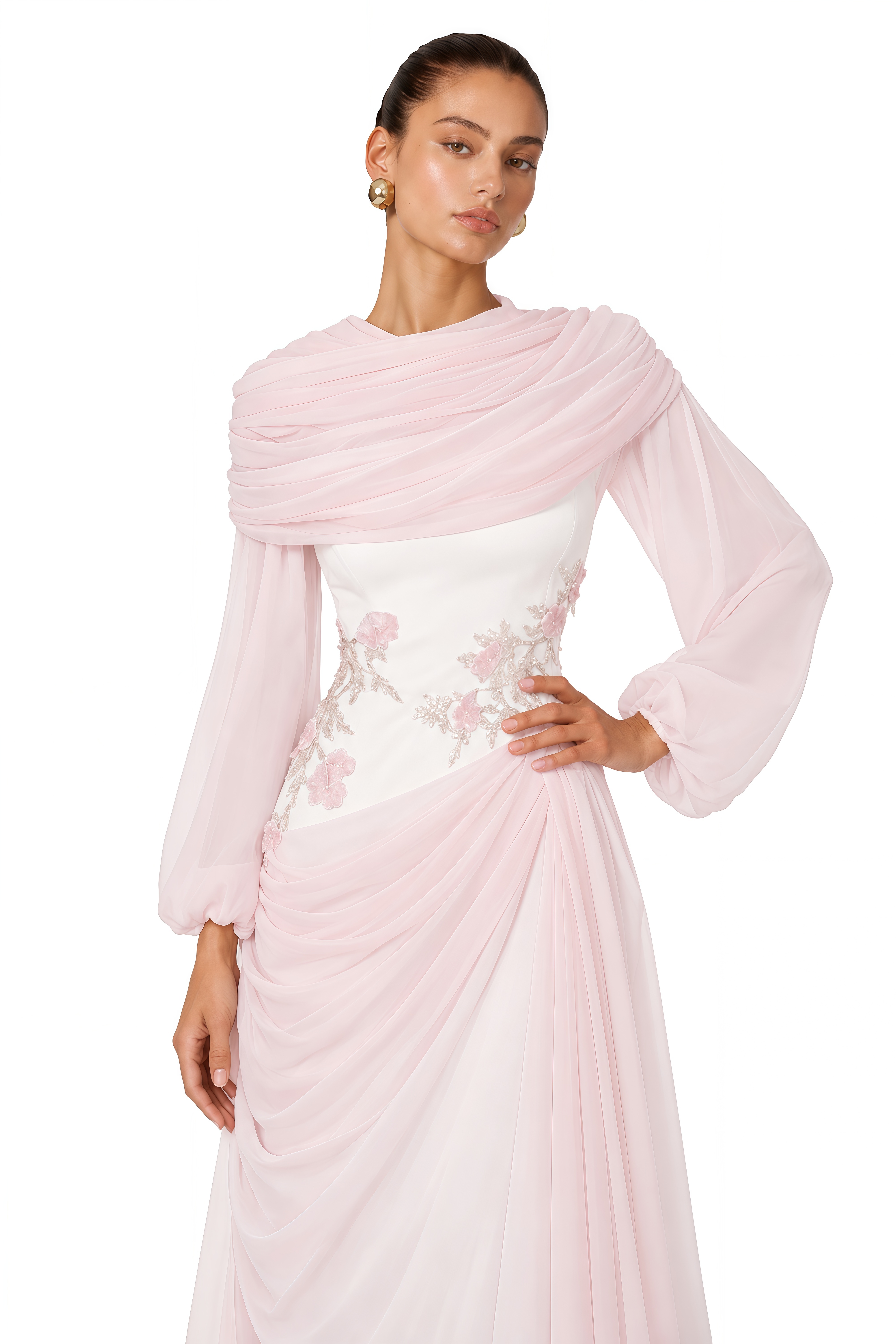 Payton Pink Embroidered Draped Cape Maxi Dress