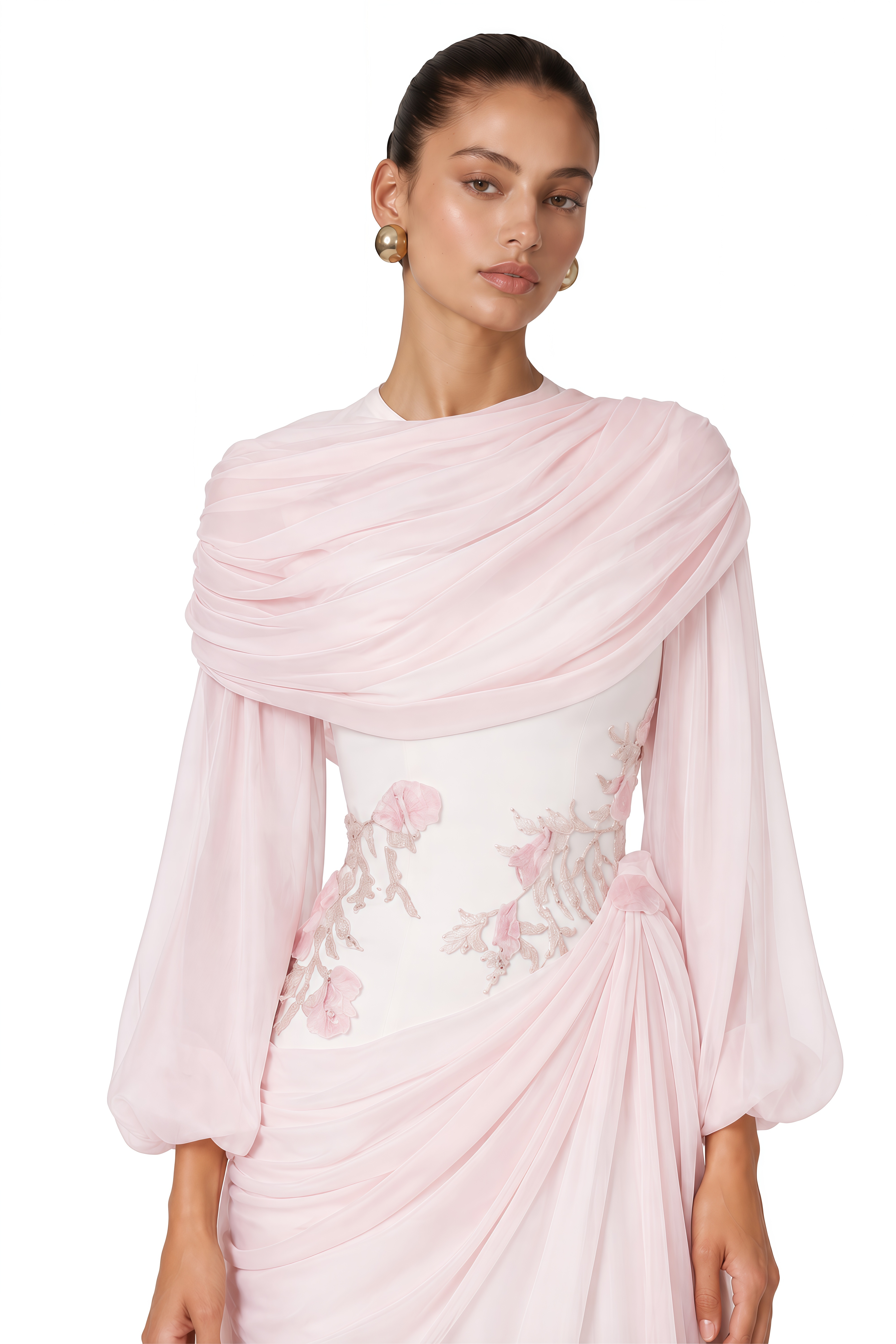 Payton Pink Embroidered Draped Cape Maxi Dress