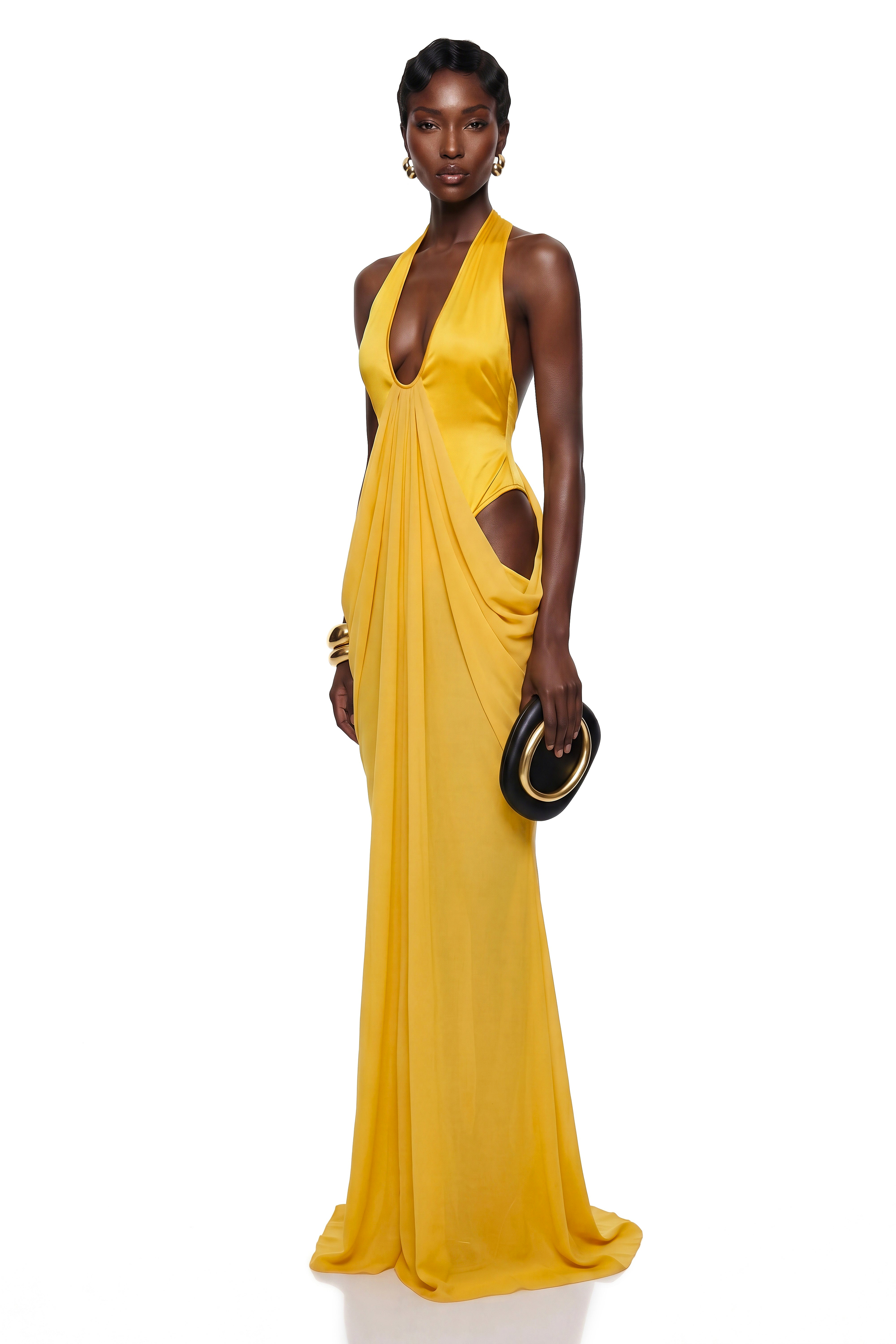 Pele Yellow Cut-Out Ruched Maxi Dress