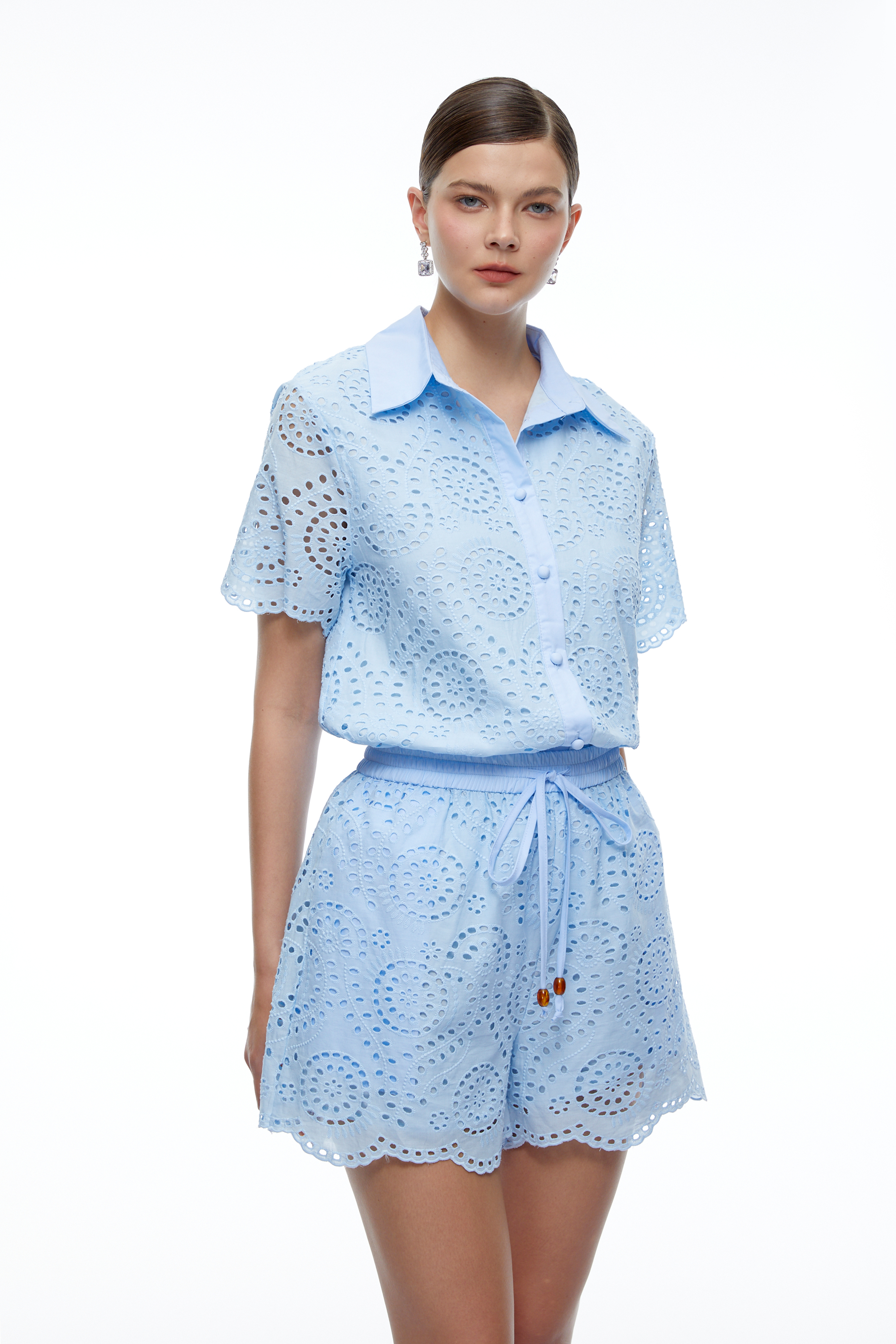 Penelope Blue Eyelet Lace Short Sleeve Top & Shorts Set